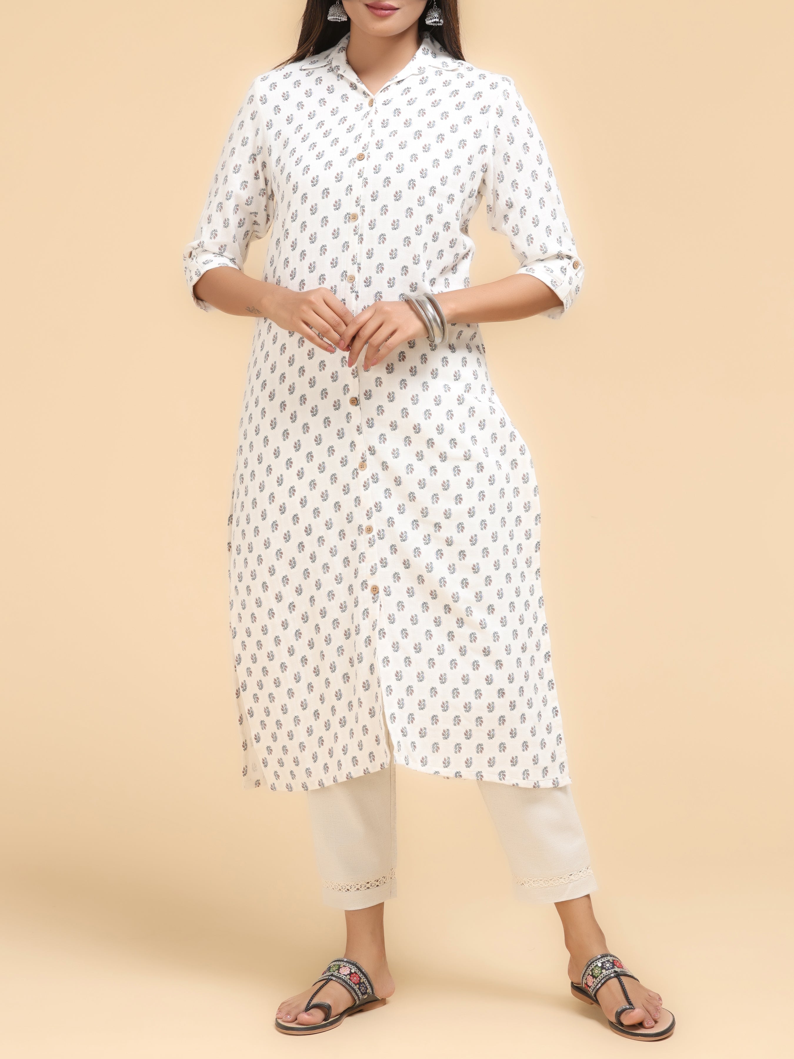 Off White Pure Cotton Kurti With Floral Print