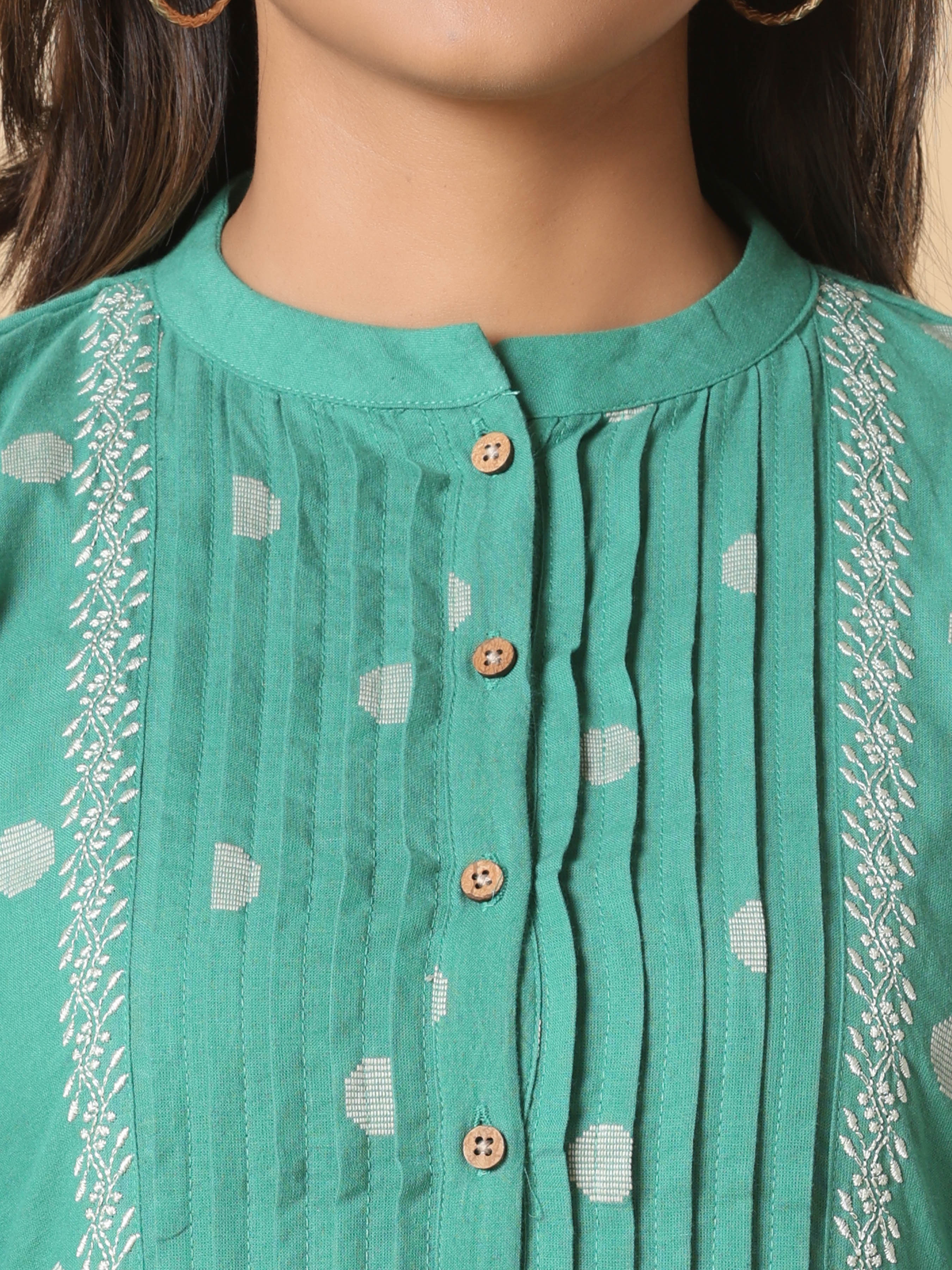 Aqua Green Cotton Dobby Kurti With Embroidery