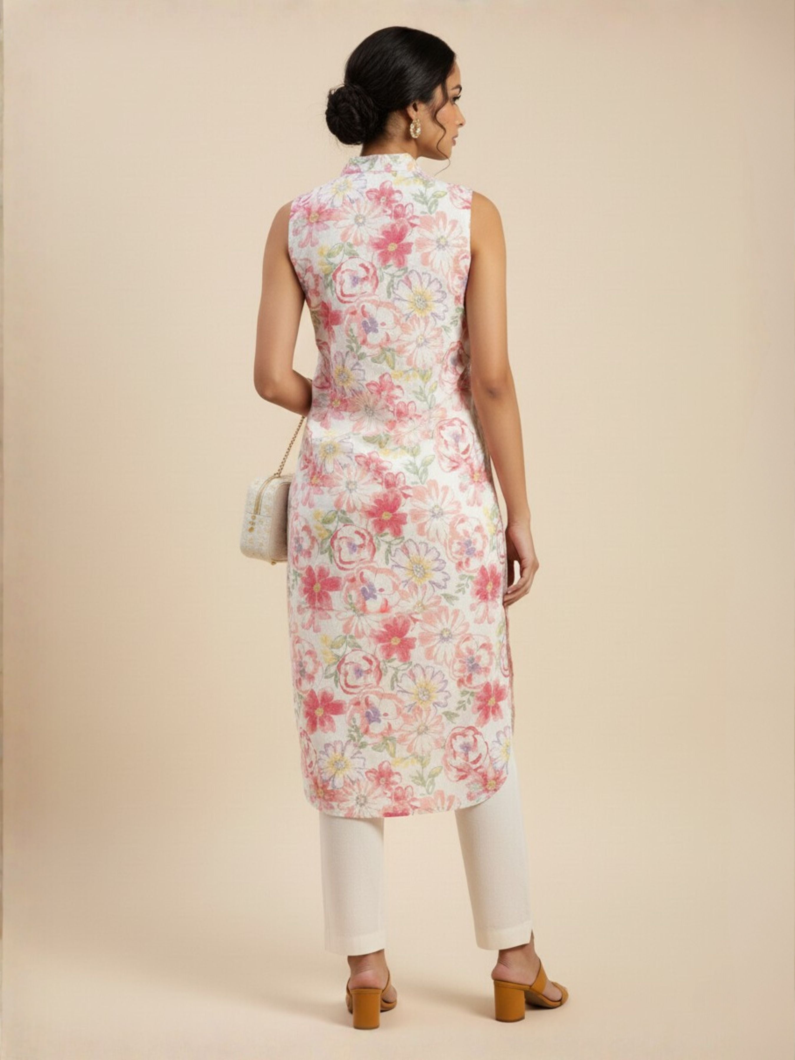 Ivory Multicolour Cotton Flax Printed Slited Kurti With Liberty Cut