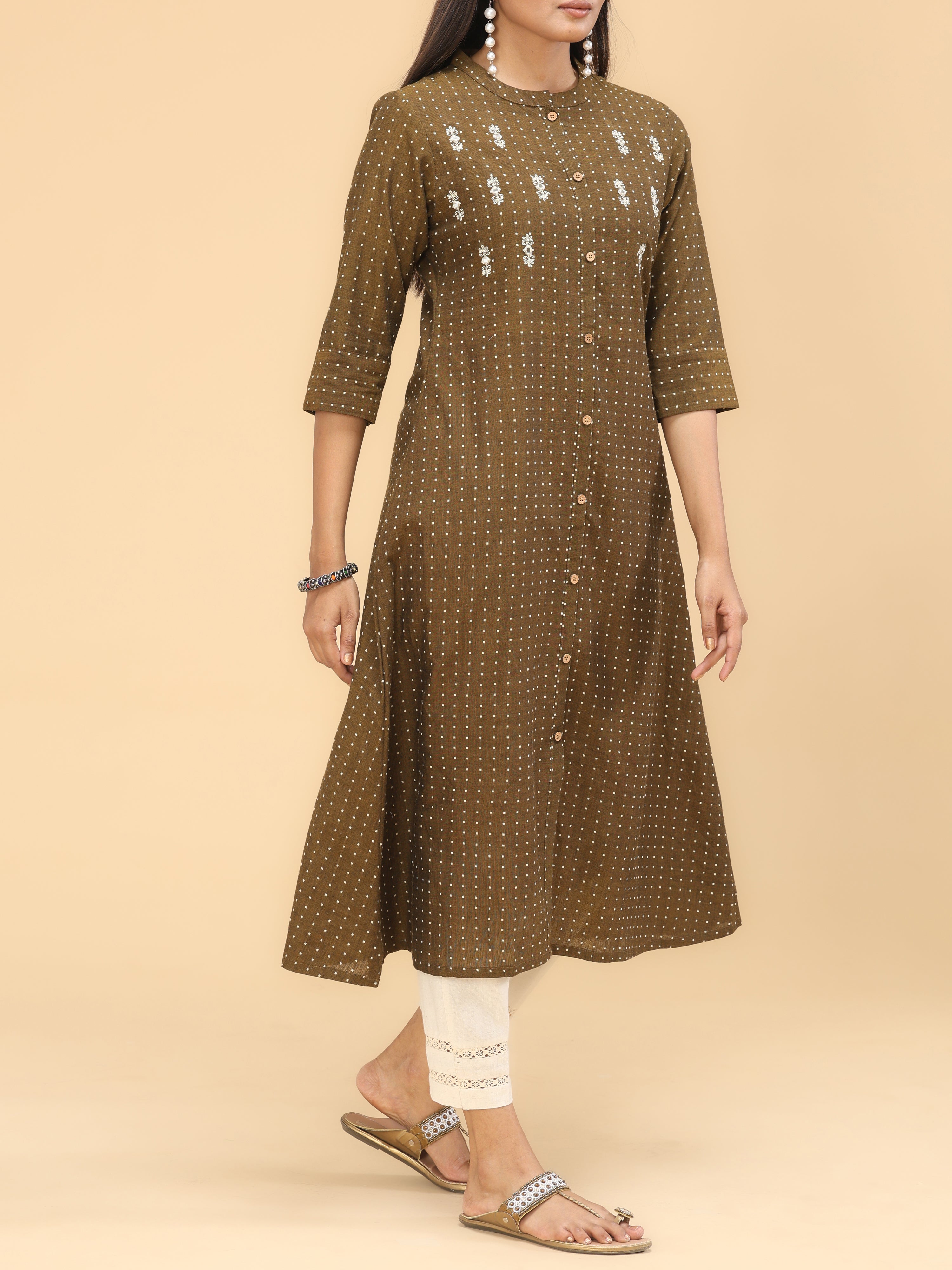 Brown Cotton Dobby Kurti With Embroidery