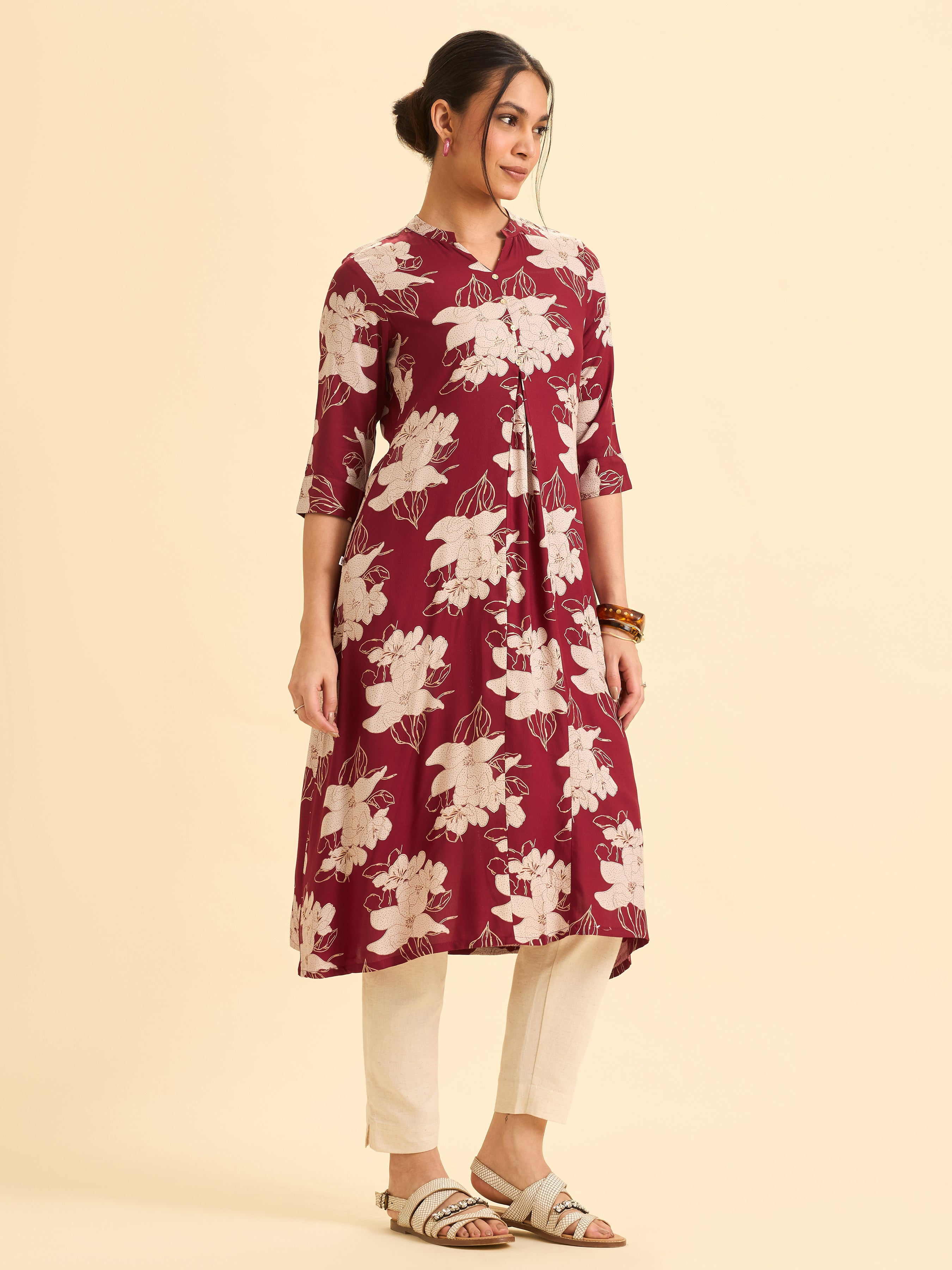 Red And Ivory Viscose Printed Flared Angrakha Kurti