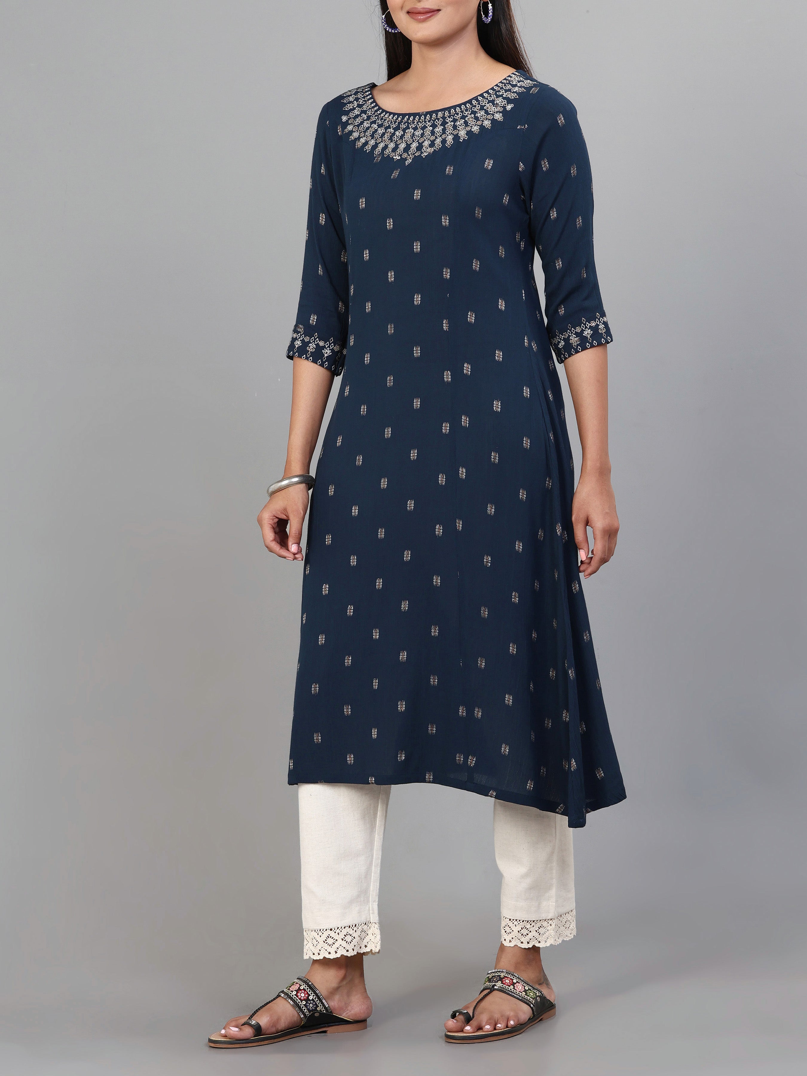 Navy Blue Wrinkle Viscose Kurti With Embroidery