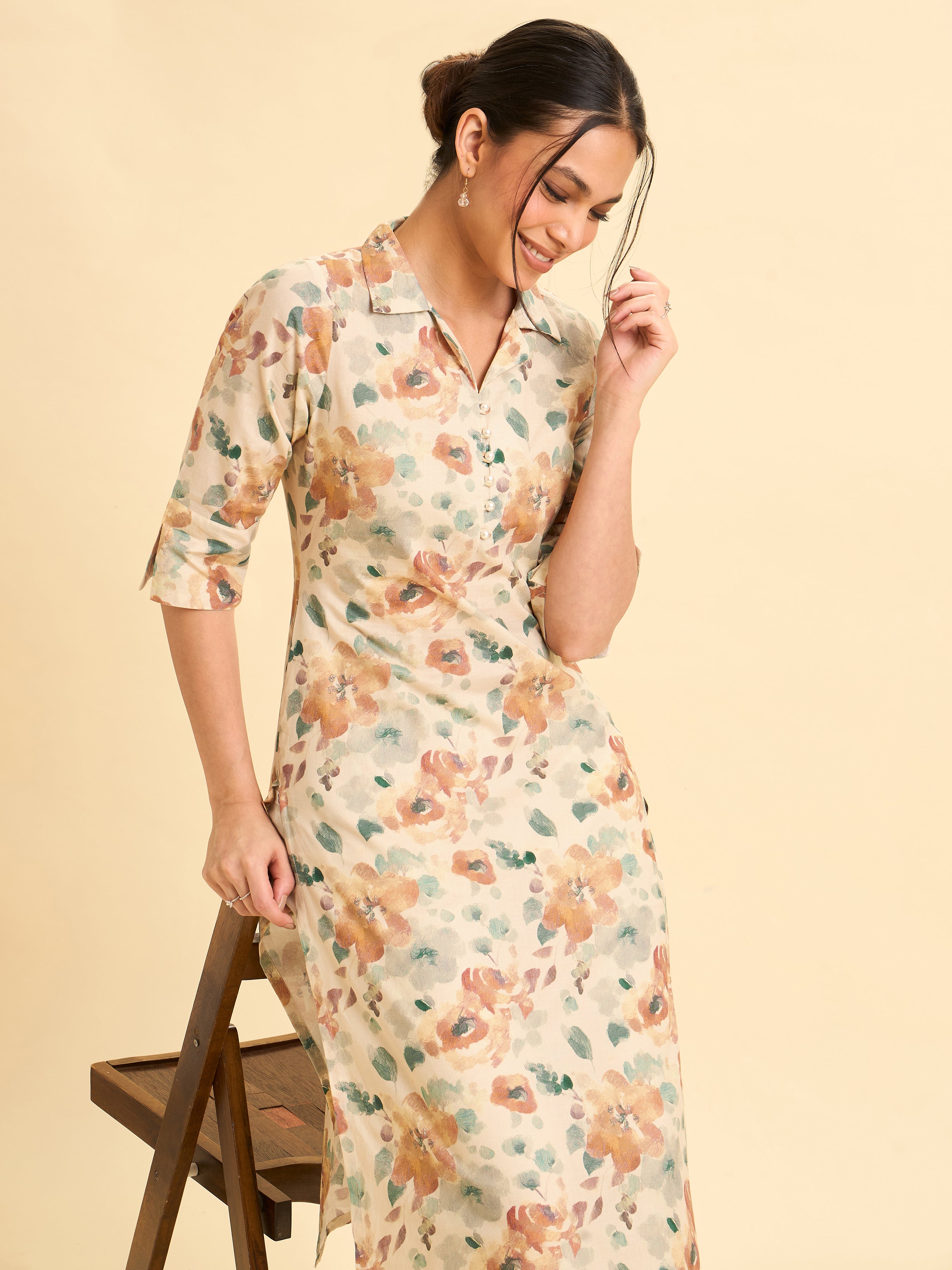 Ivory Cotton Printed Slited Kurti With Multi Colour Print