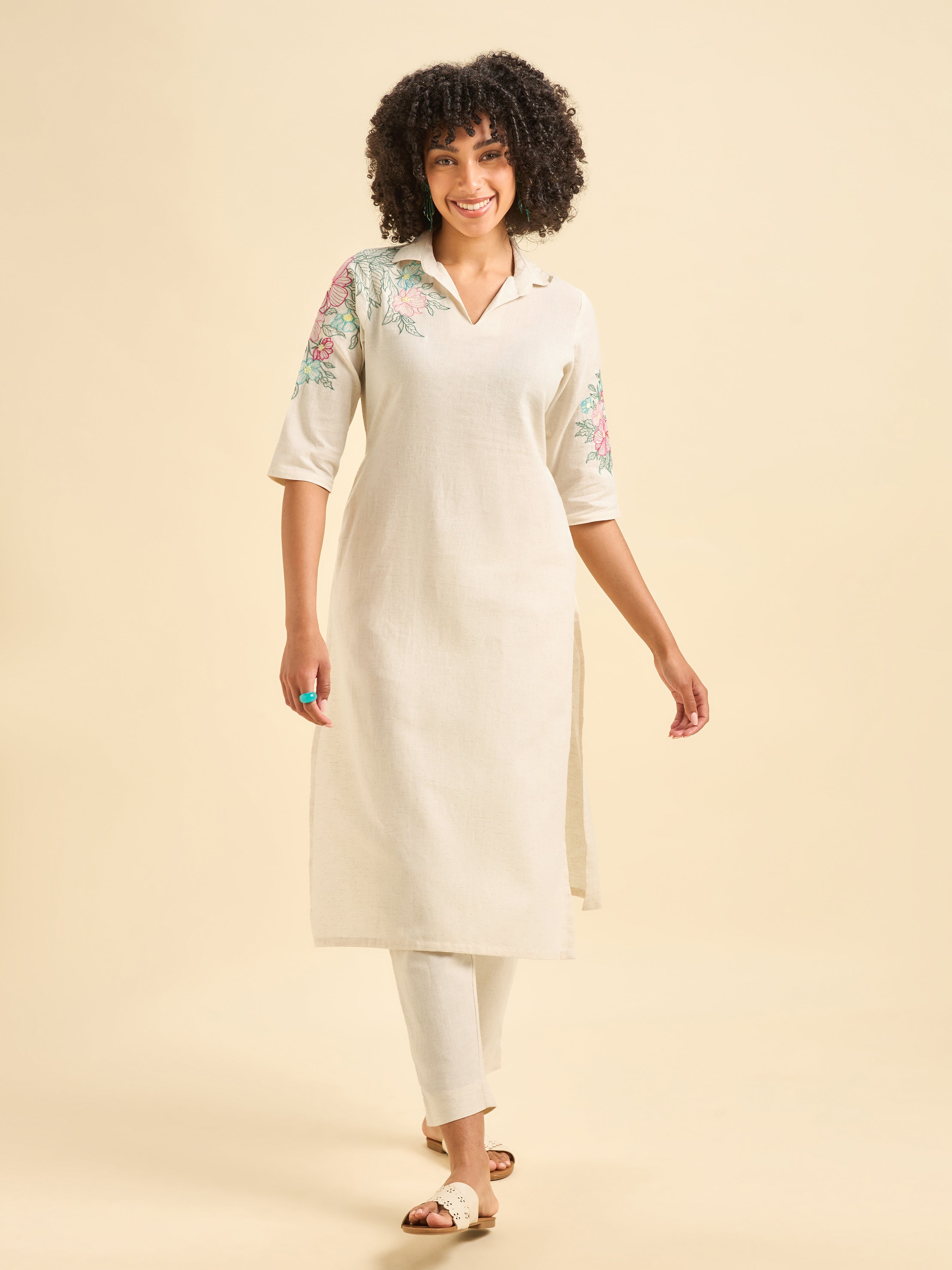 Ivory Cotton Flax Plain Slited Kurti With Embroidery
