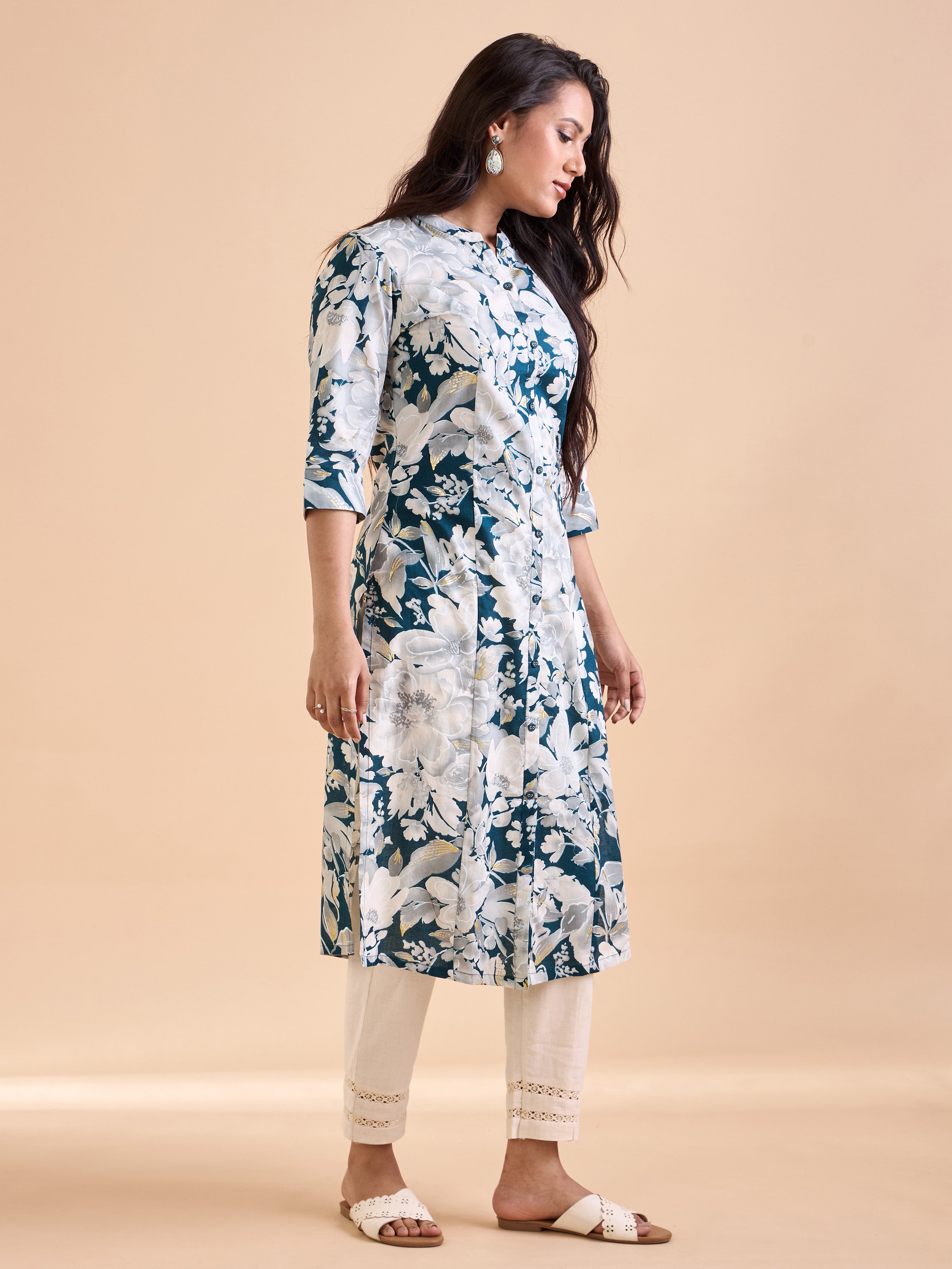 Teal Blue Pure Cotton Printed Kurti