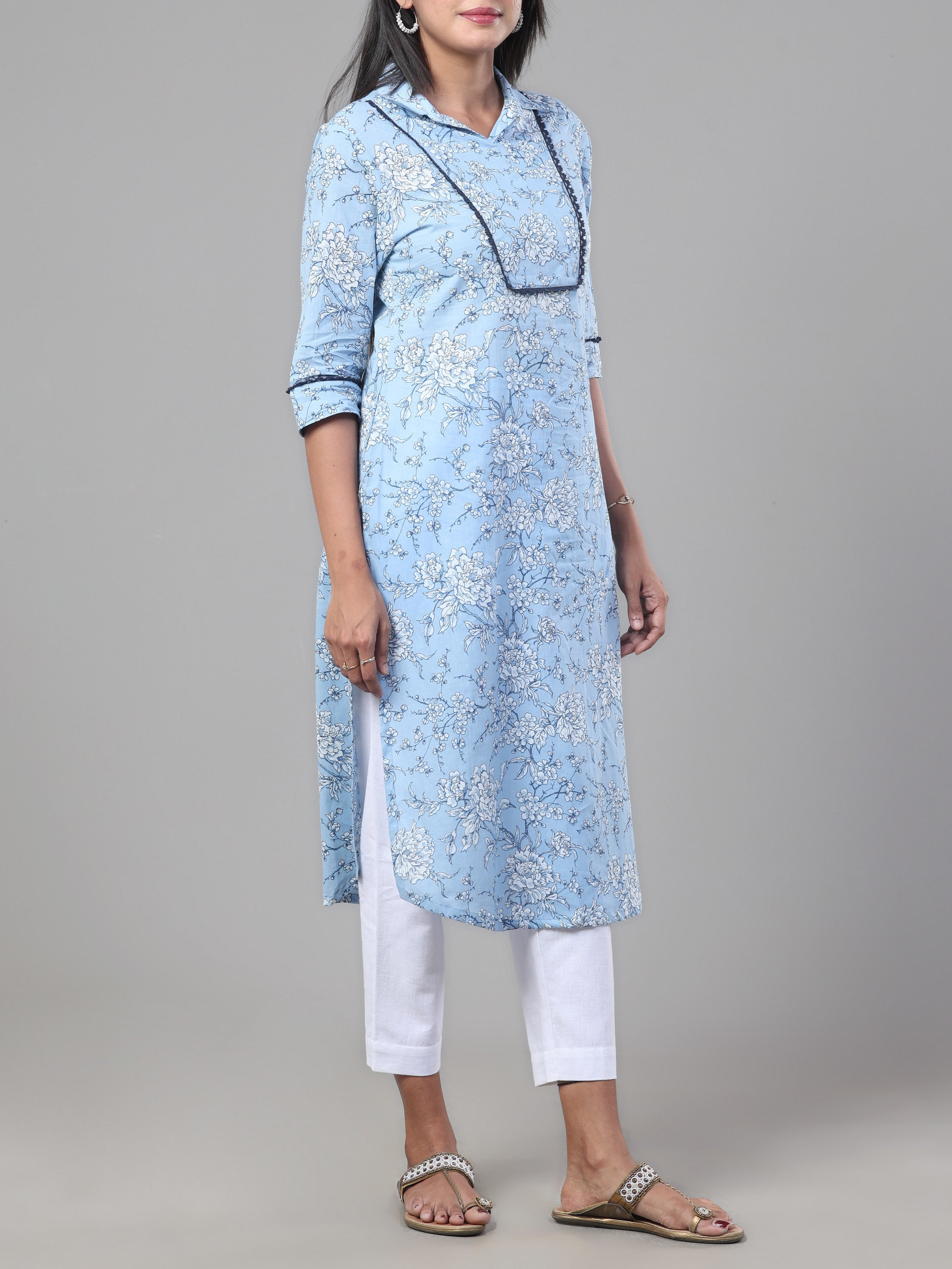 Sky Blue Pure Cotton Printed Kurti With Lace Detailing