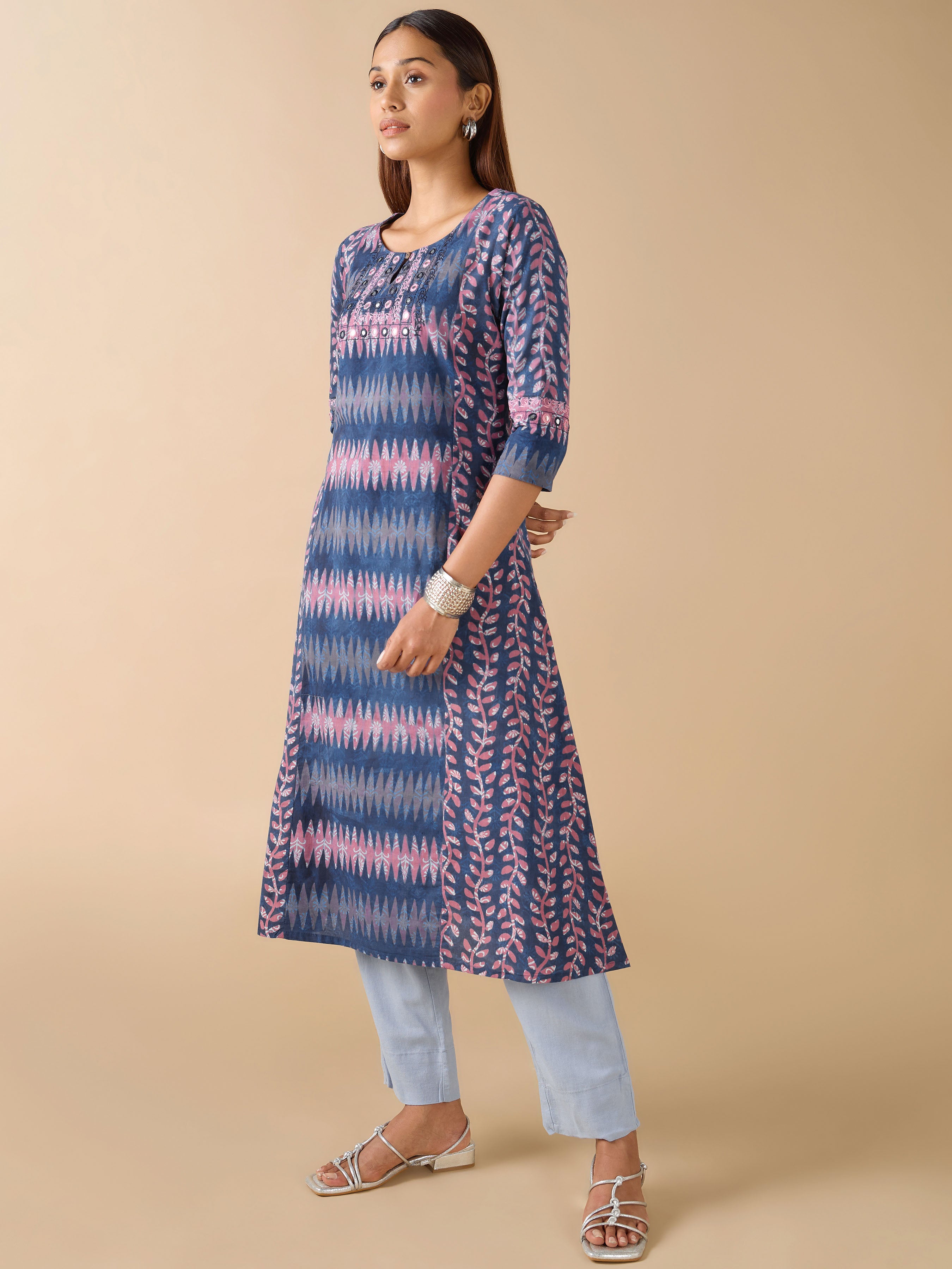 Indigo Pure Cotton Natural Printed Kurti With Mirror Embroidery