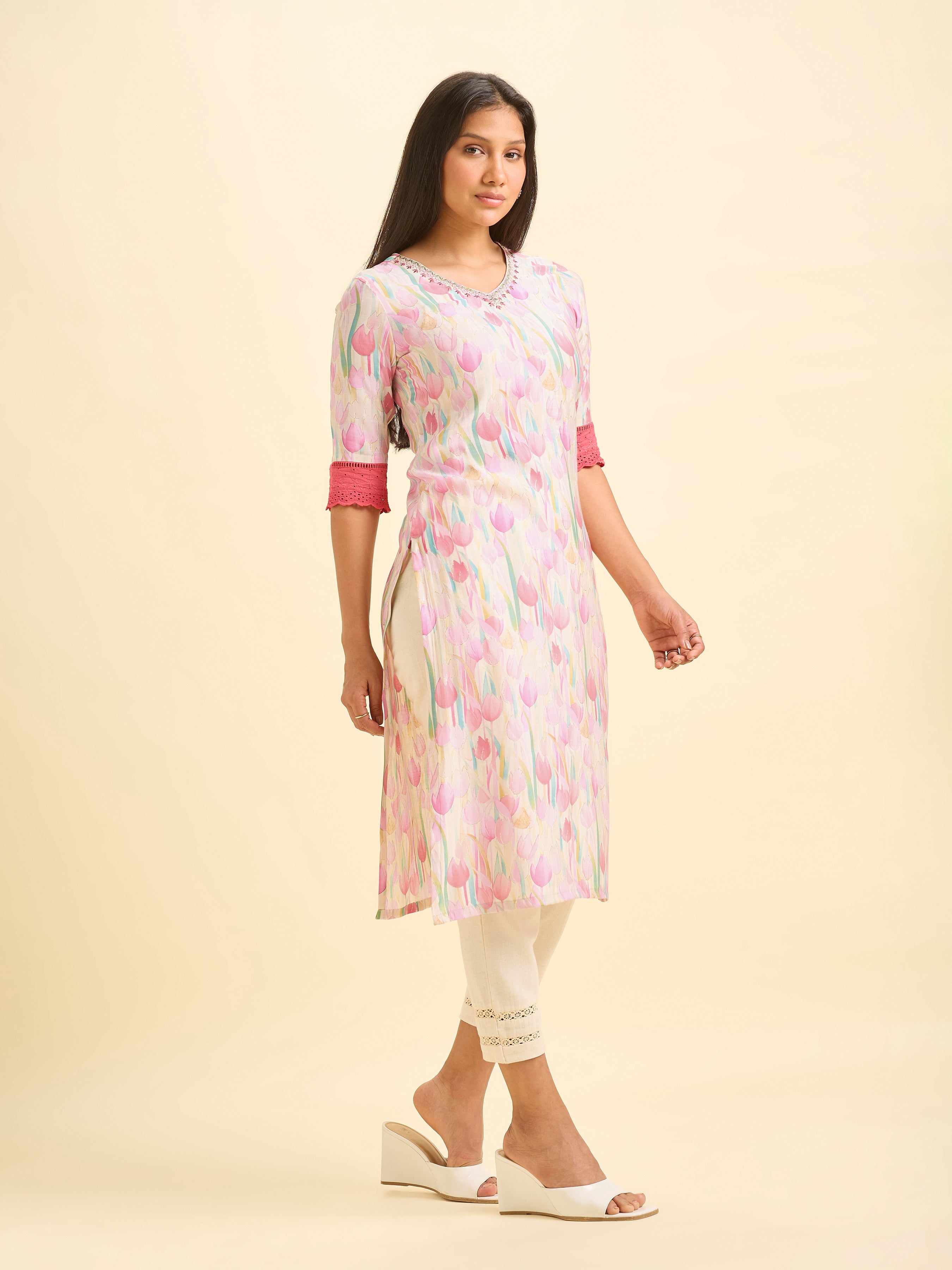 Multi Colour Modal Chanderi Printed Slited Kurti With Embroidery And Lace