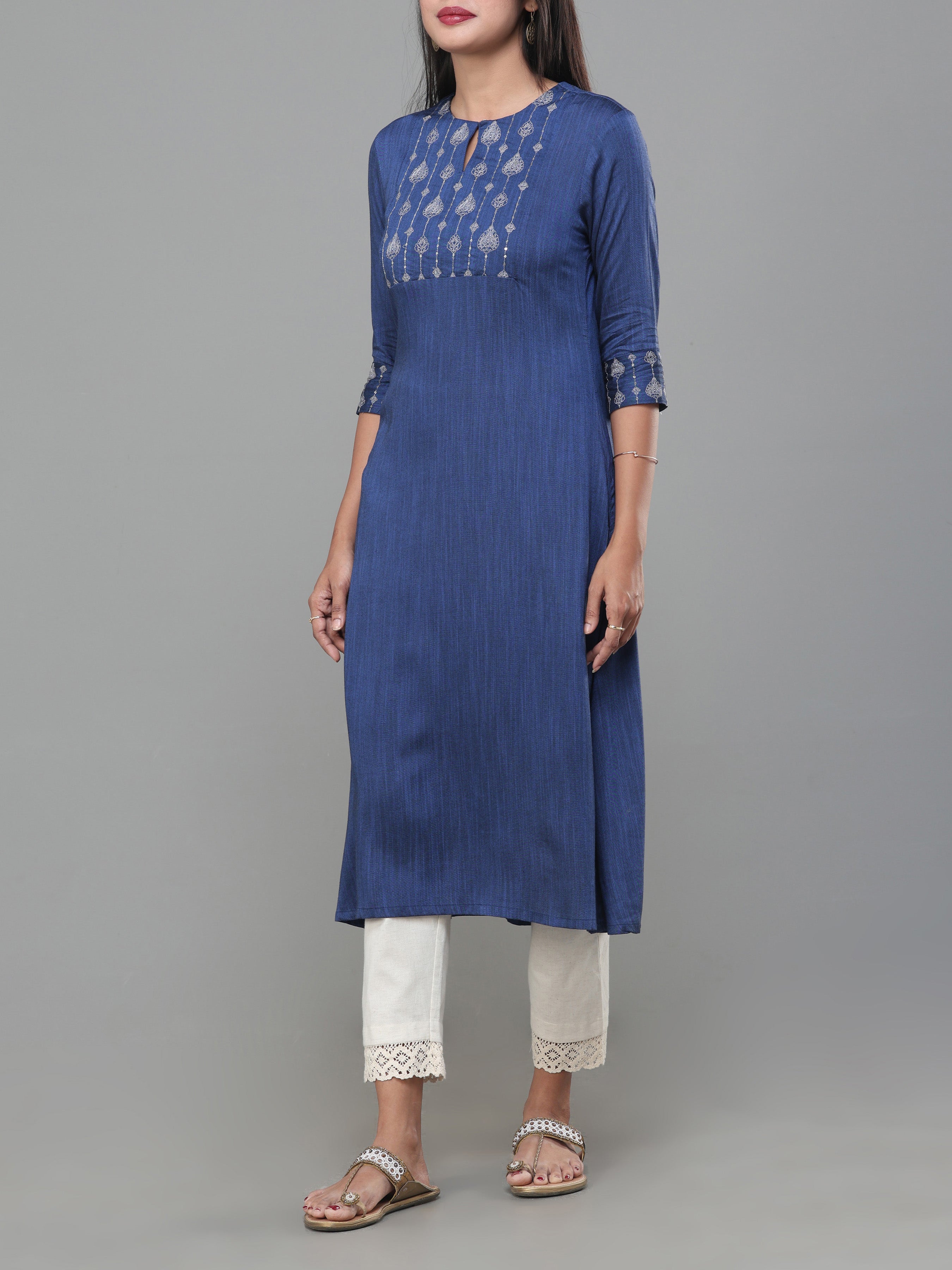Royal Blue Viscose Slub Kurti With Embroidery