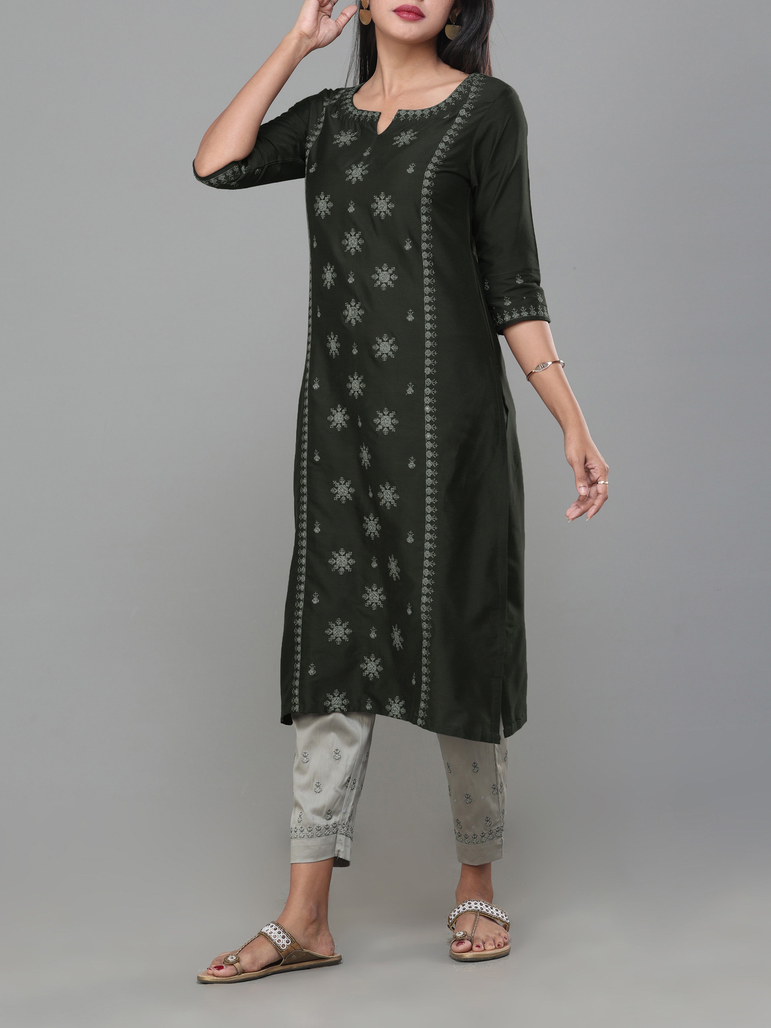 Olive Green Poly Viscose Kurti With Embroidery And Matching Bottom