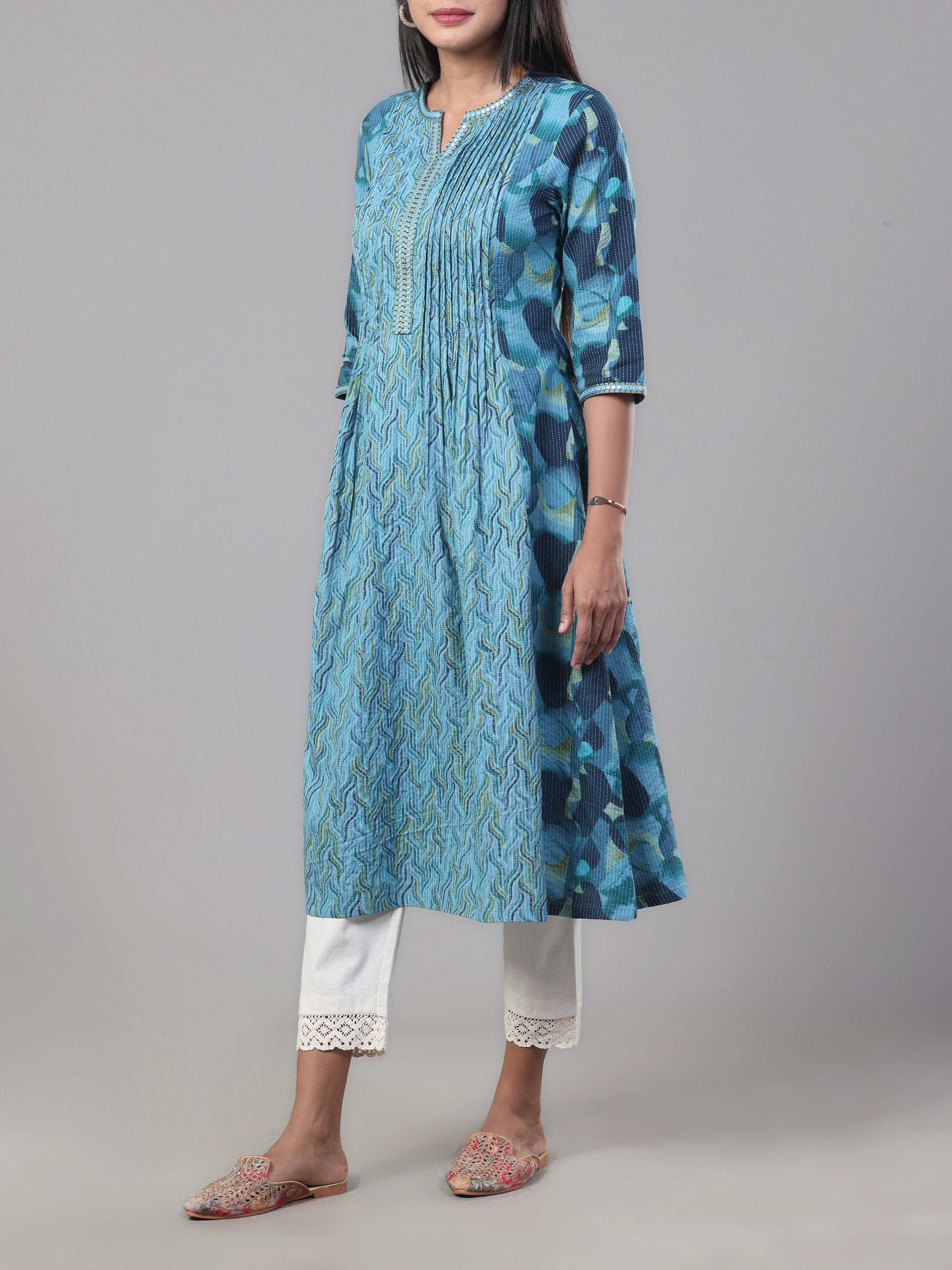 Multi Colour Pure Cotton Katha Printed Kurti