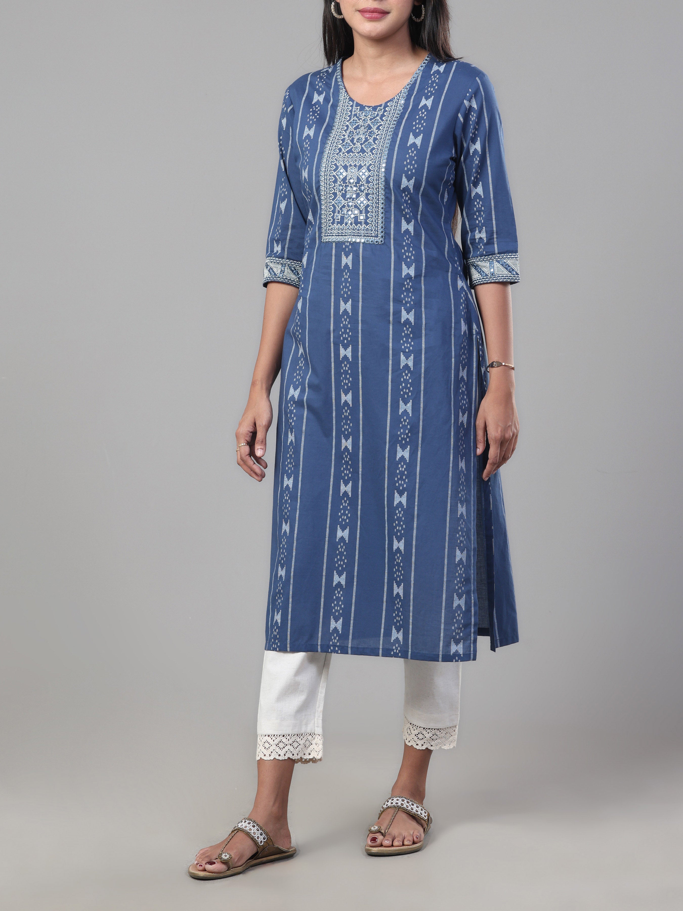 Denim Blue Pure Cotton Printed Kurti With Embroidery And Sequins Work