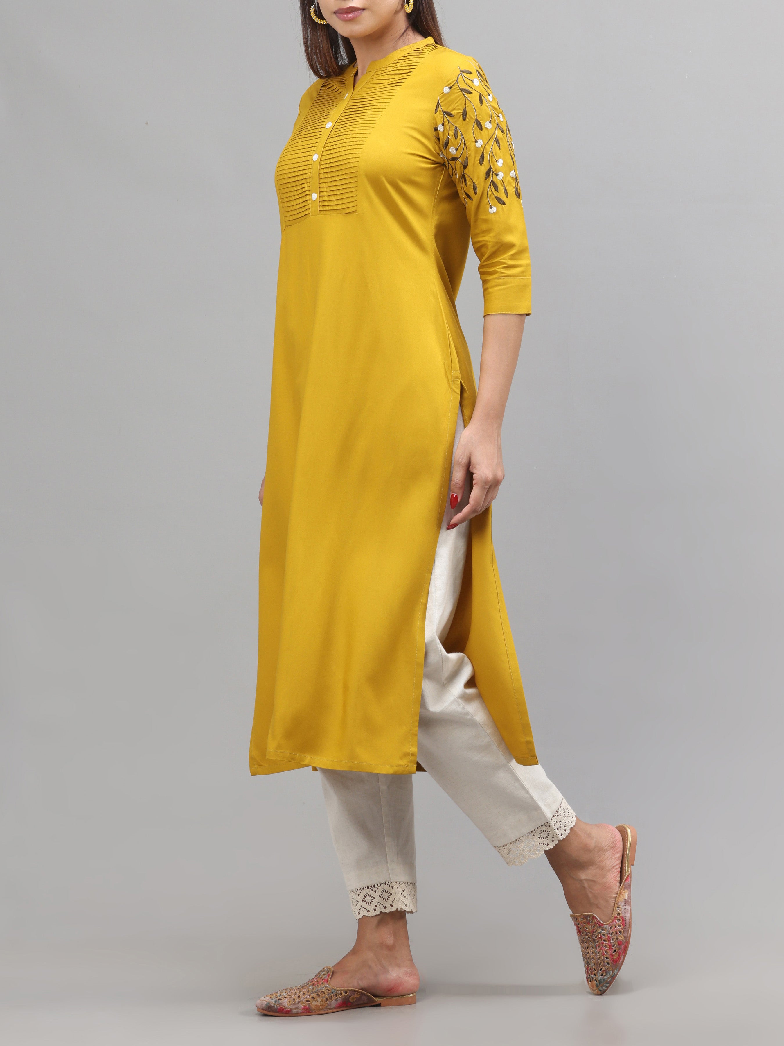 Mustard Yellow Viscose Kurti With Embroidery