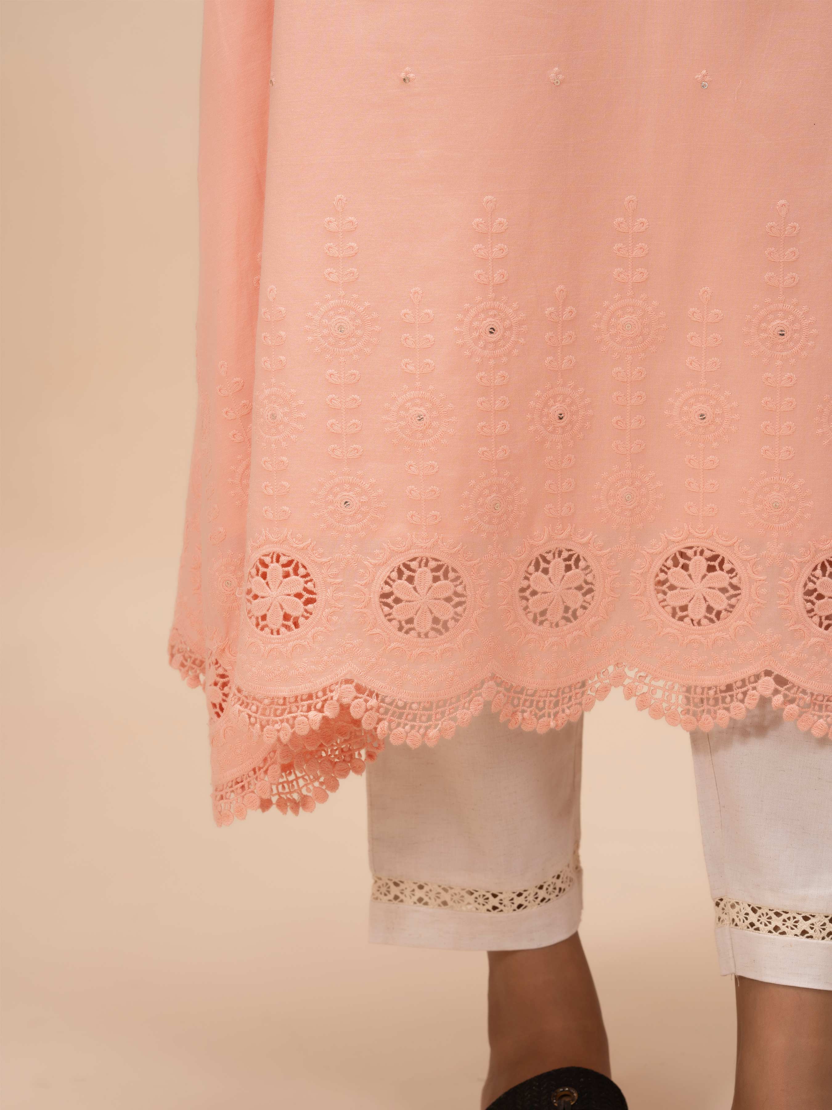 Peach Pure Cotton Kurti With Handwork