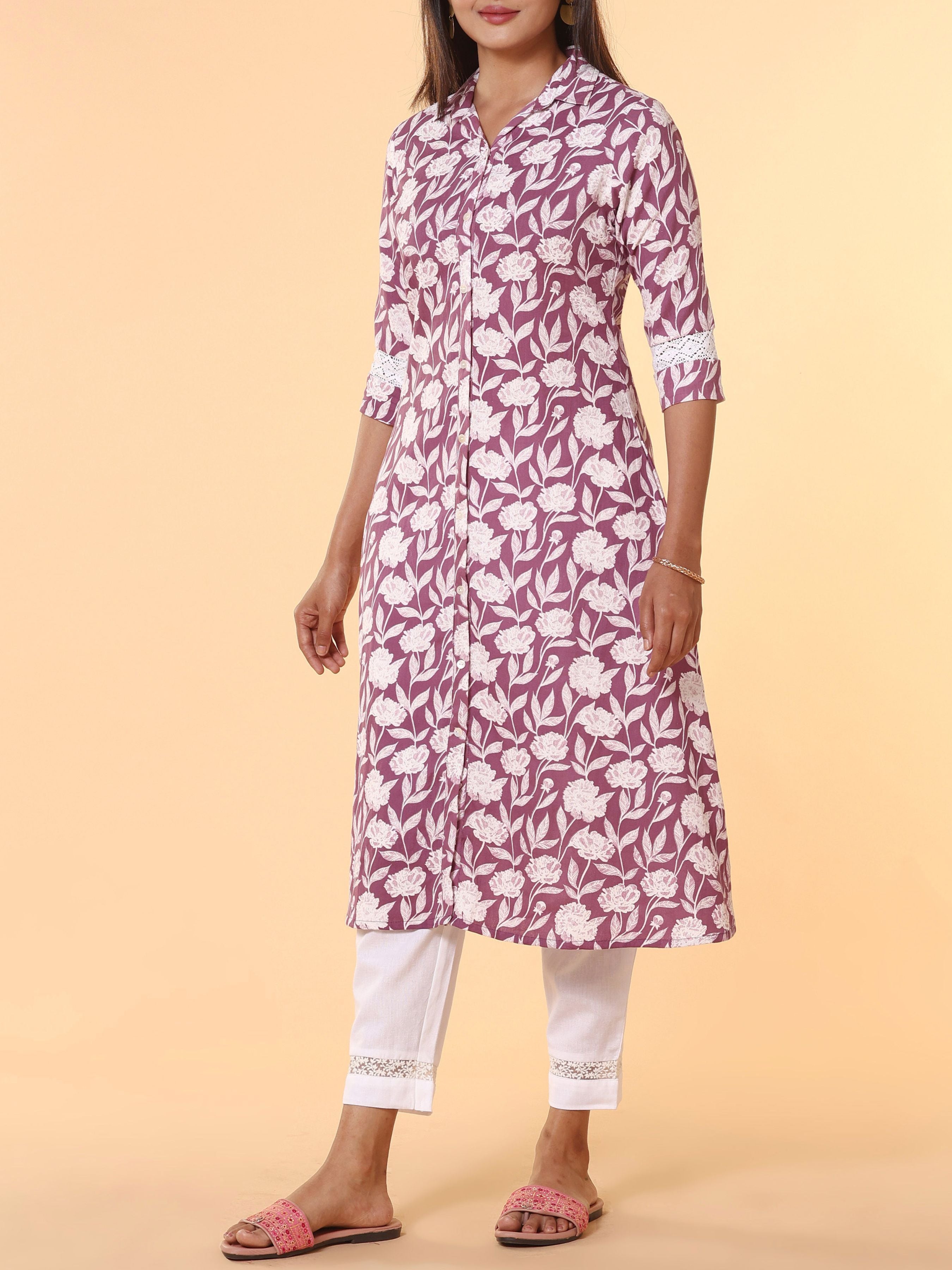 Onion Pink Pure Cotton Printed Kurti With Lace Detailing