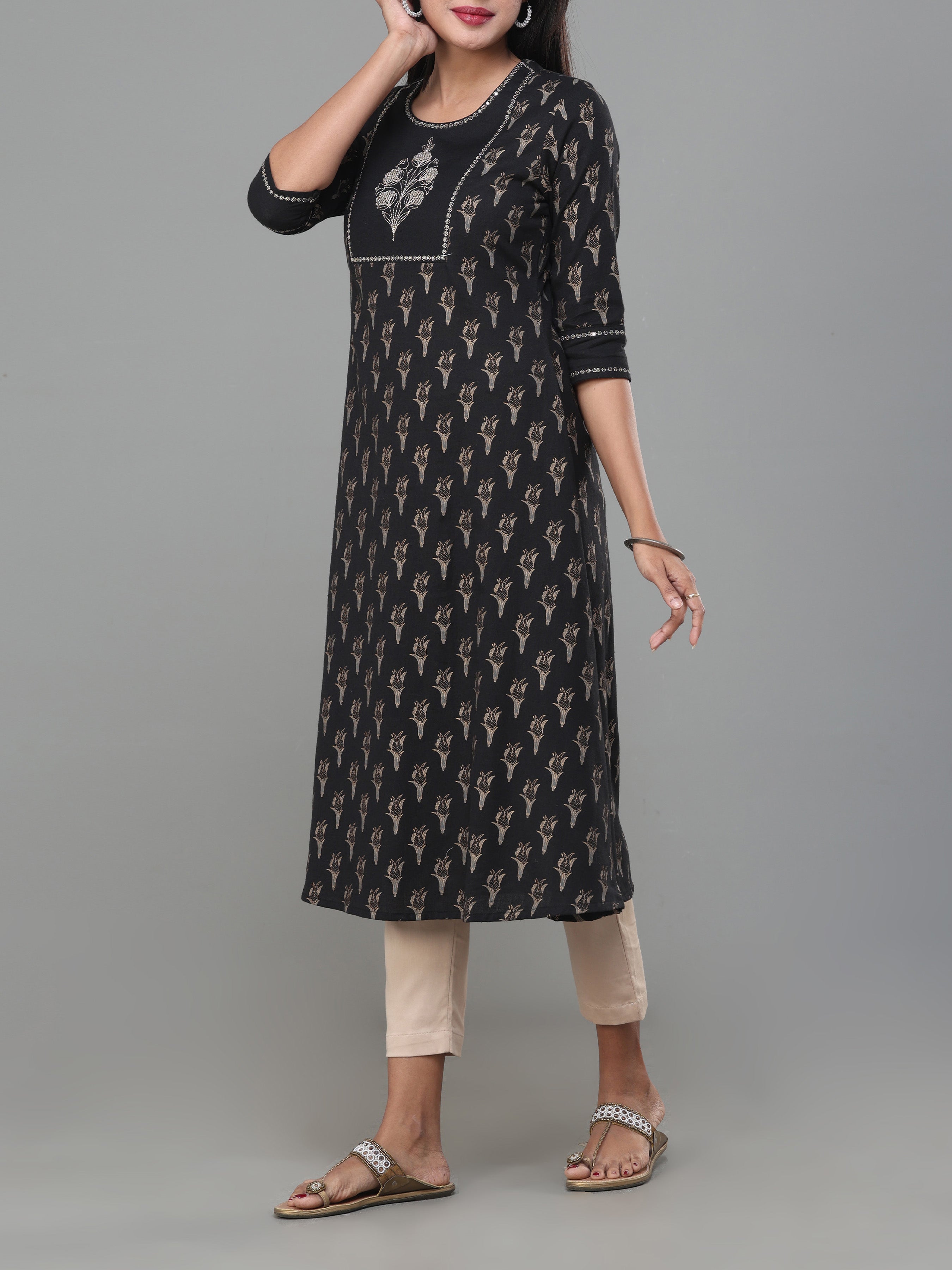Black Cotton Flax Printed Kurti With Embroidery