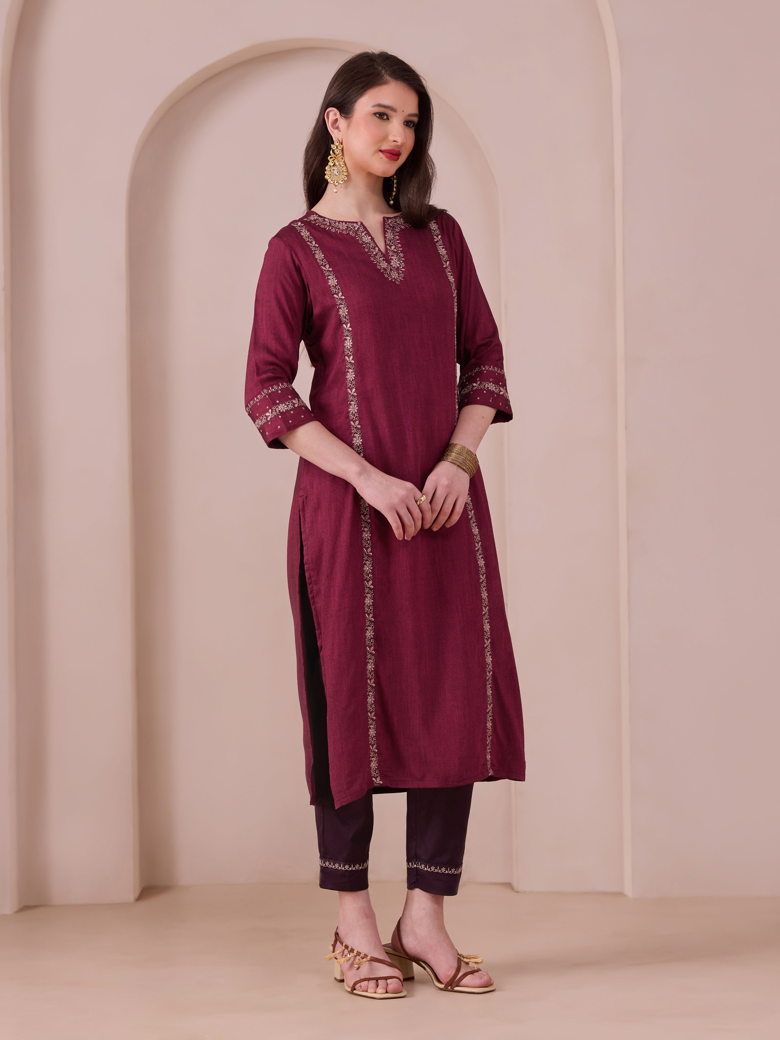 Majenta Viscose Kurti & Bottom With Embroidery