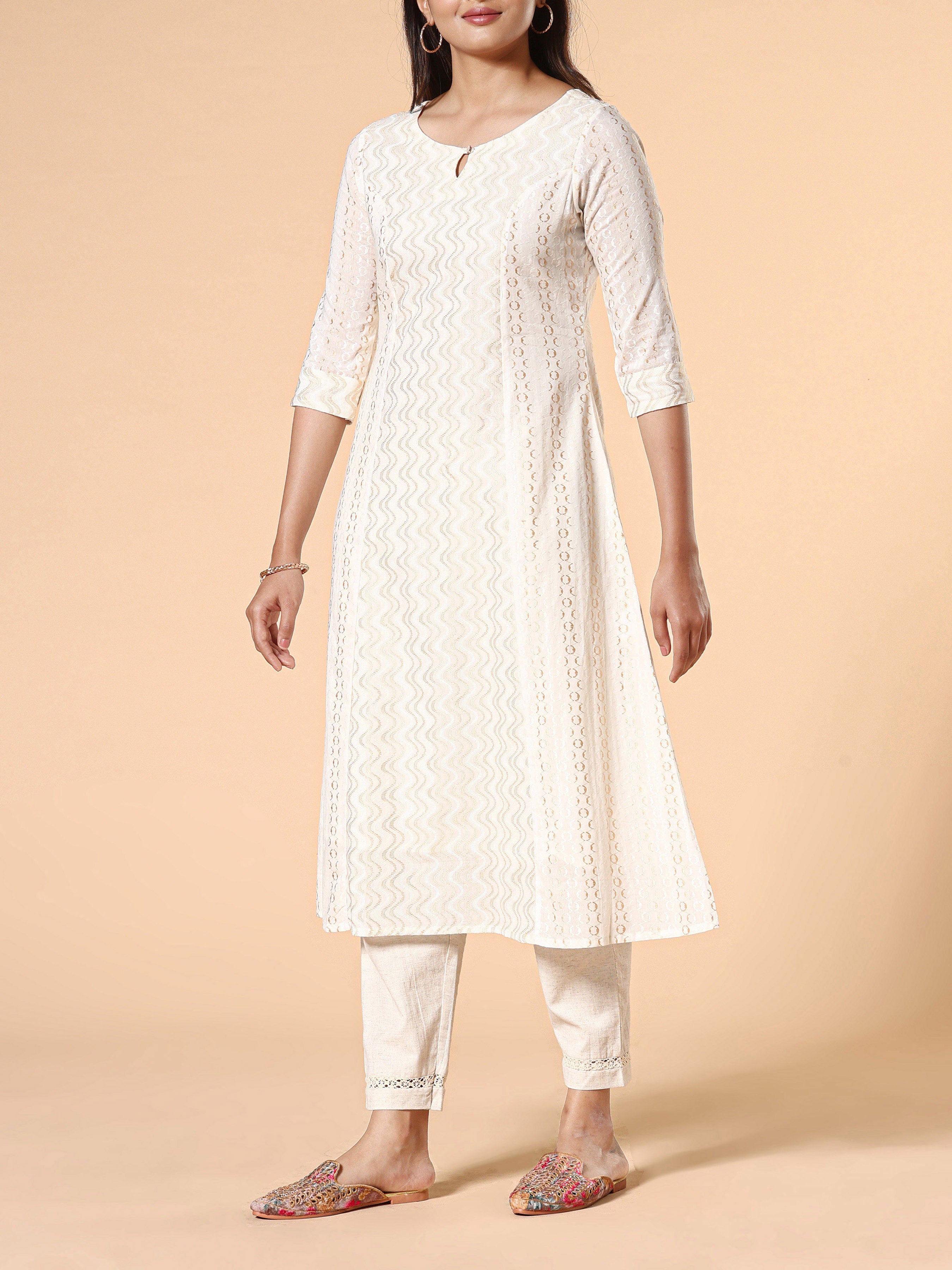 Ivory Cotton Jacquard Kurti With Center Cut