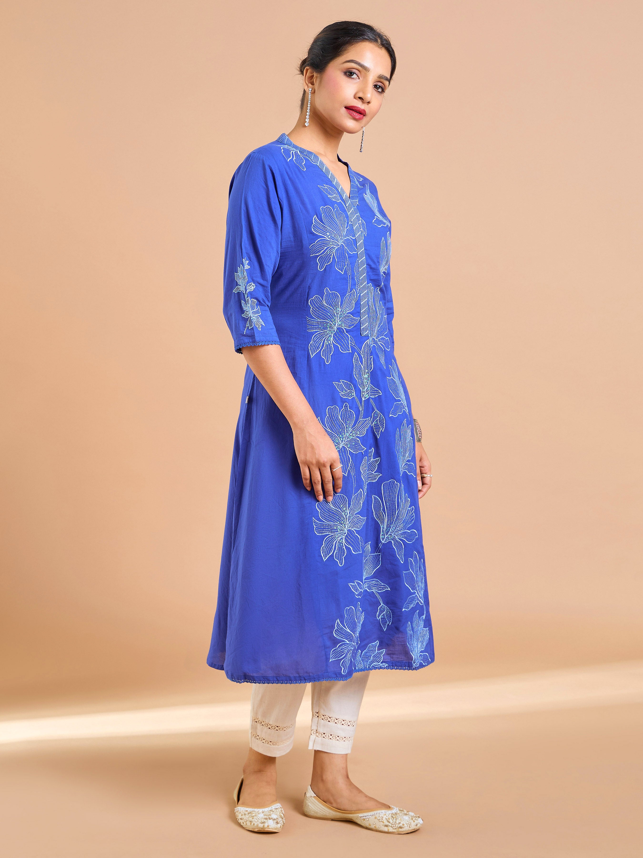 Royal Blue Cotton Flax Kurti With Embroidery