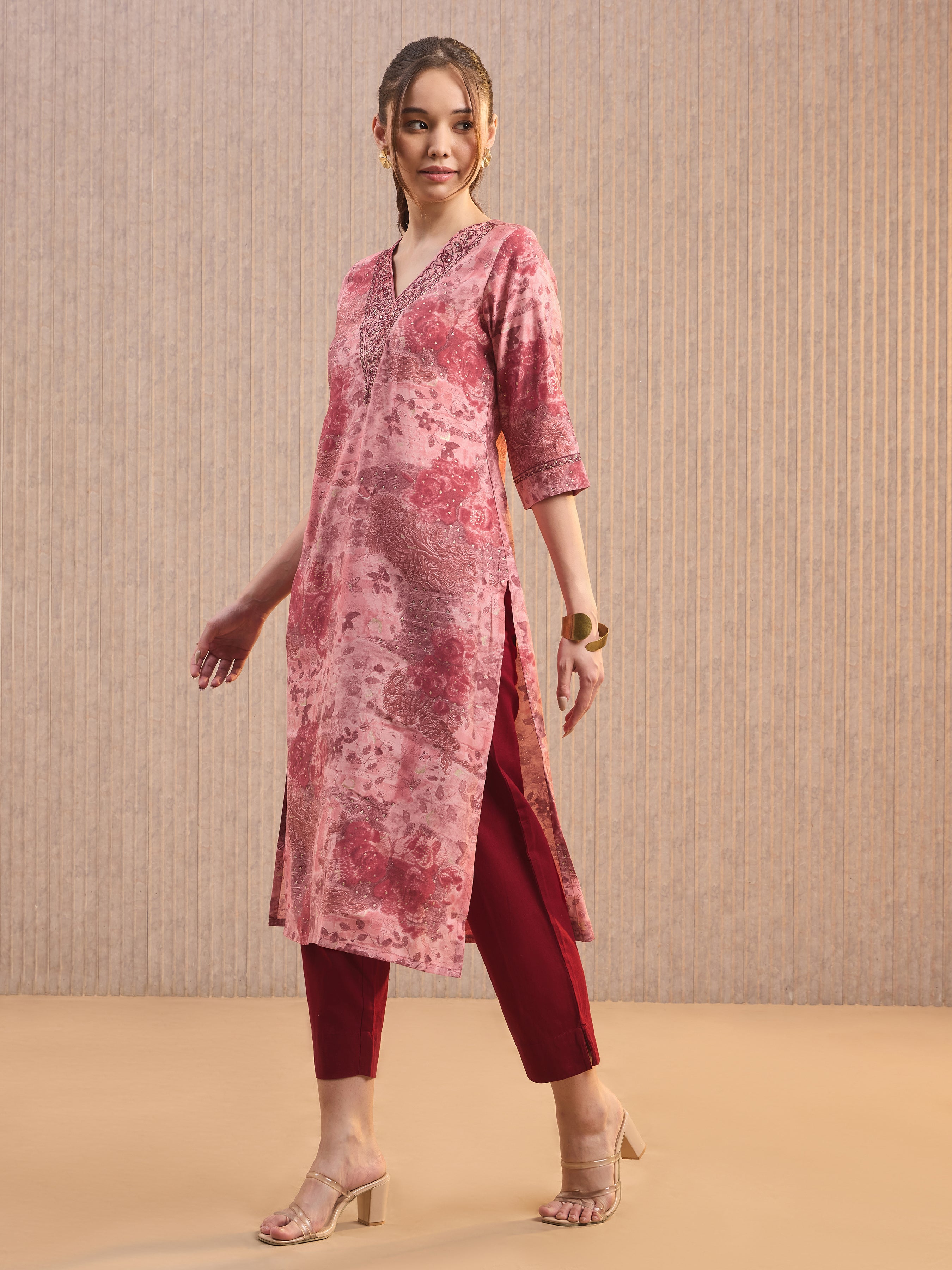 Pink Modal Chanderi Foil Printed Kurti With Sequins Work