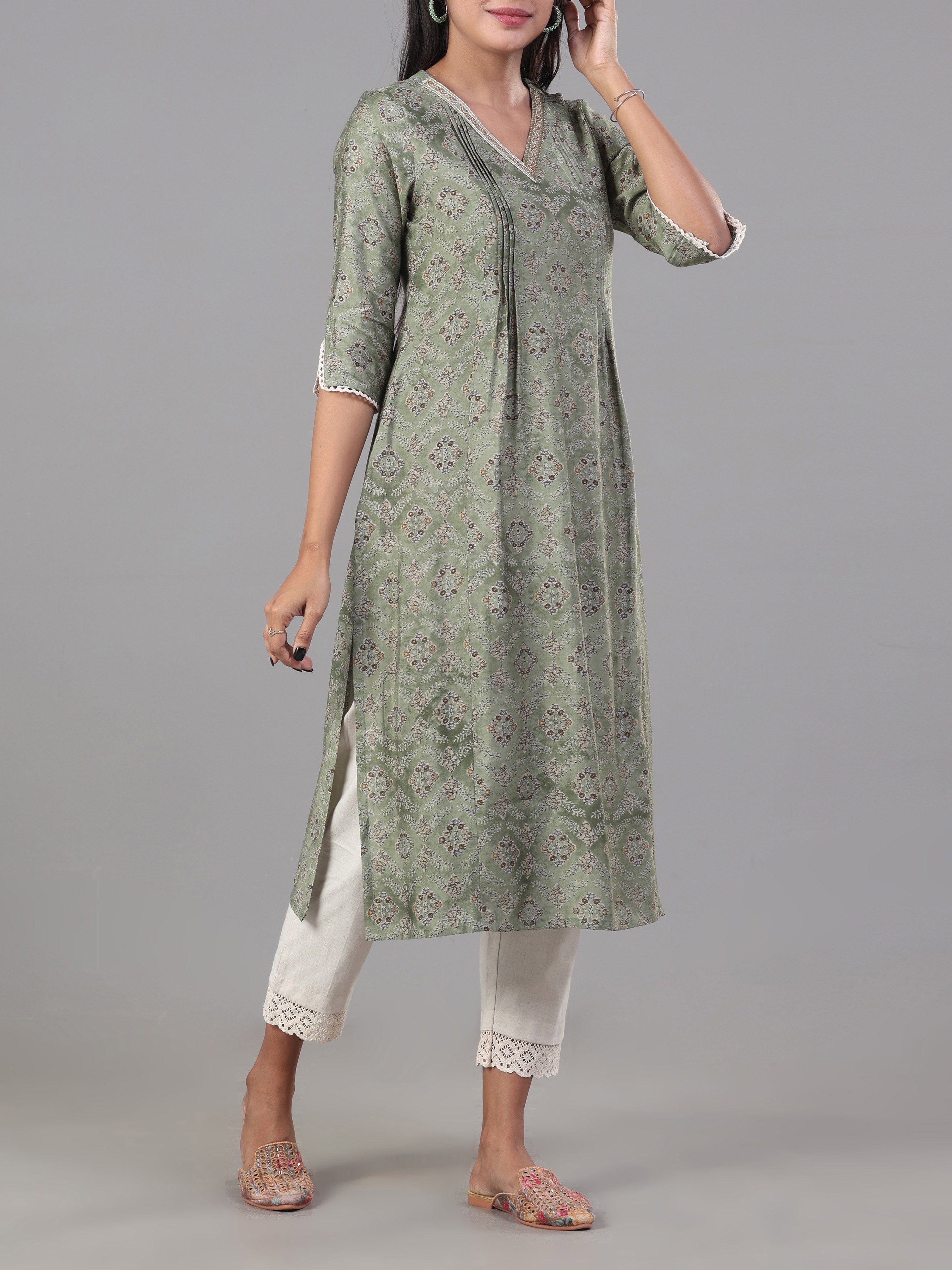 Olive Green Modal Chanderi Printed Kurti With Embroidery