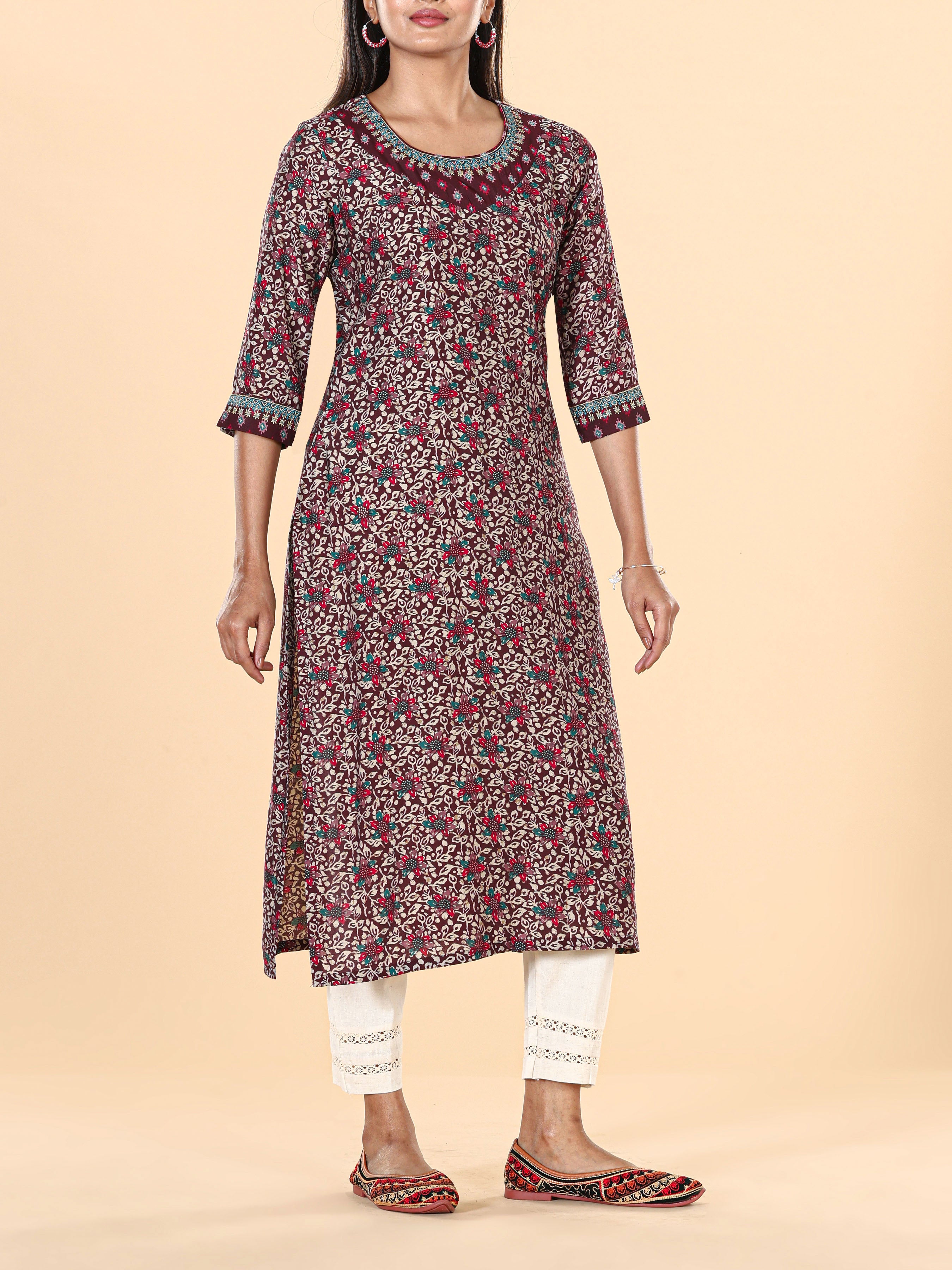 Maroon Modal Chanderi Printed Kurti With Embroidery