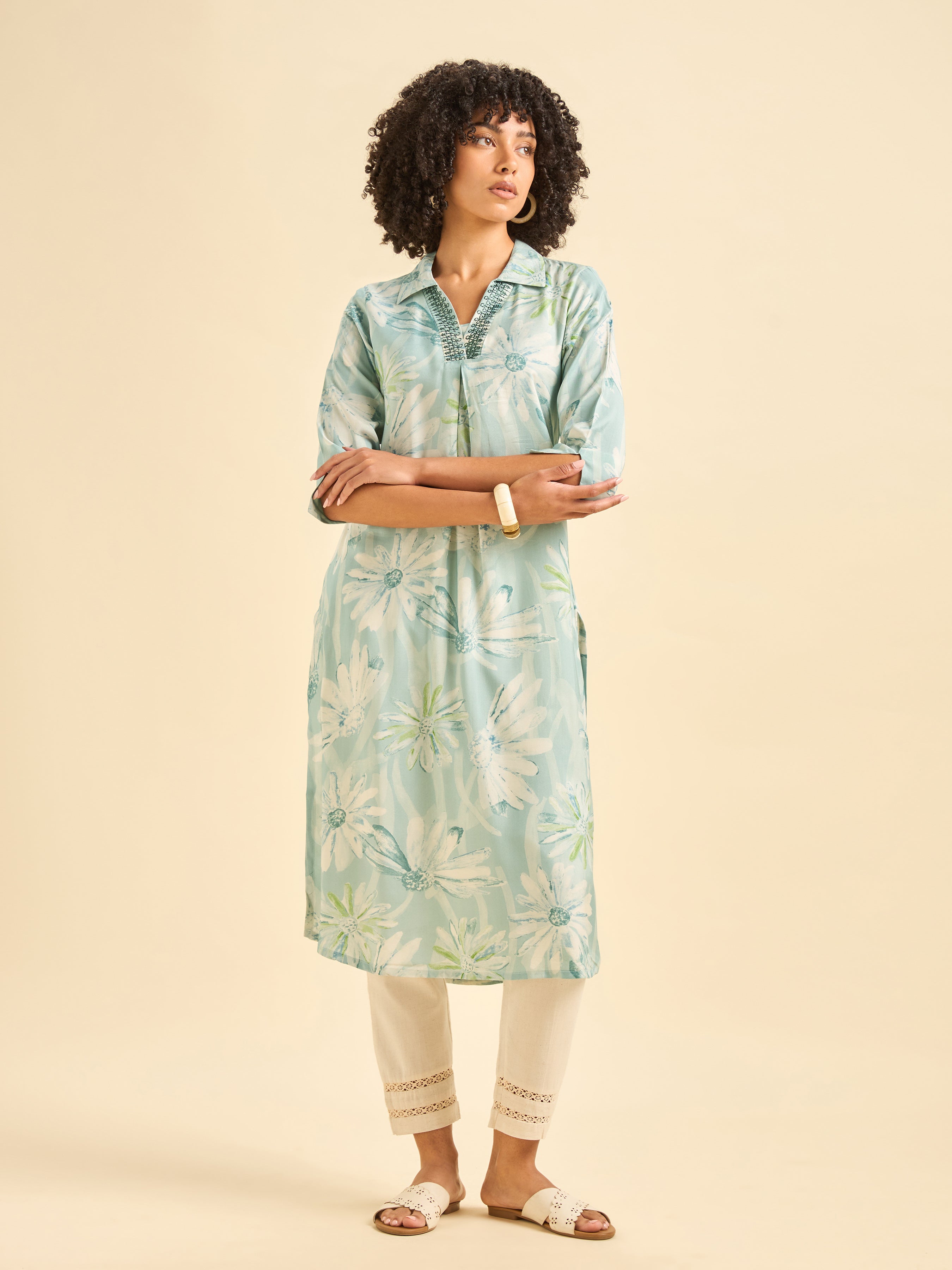 Light Blue Muslin Printed Kurti With Embroidery