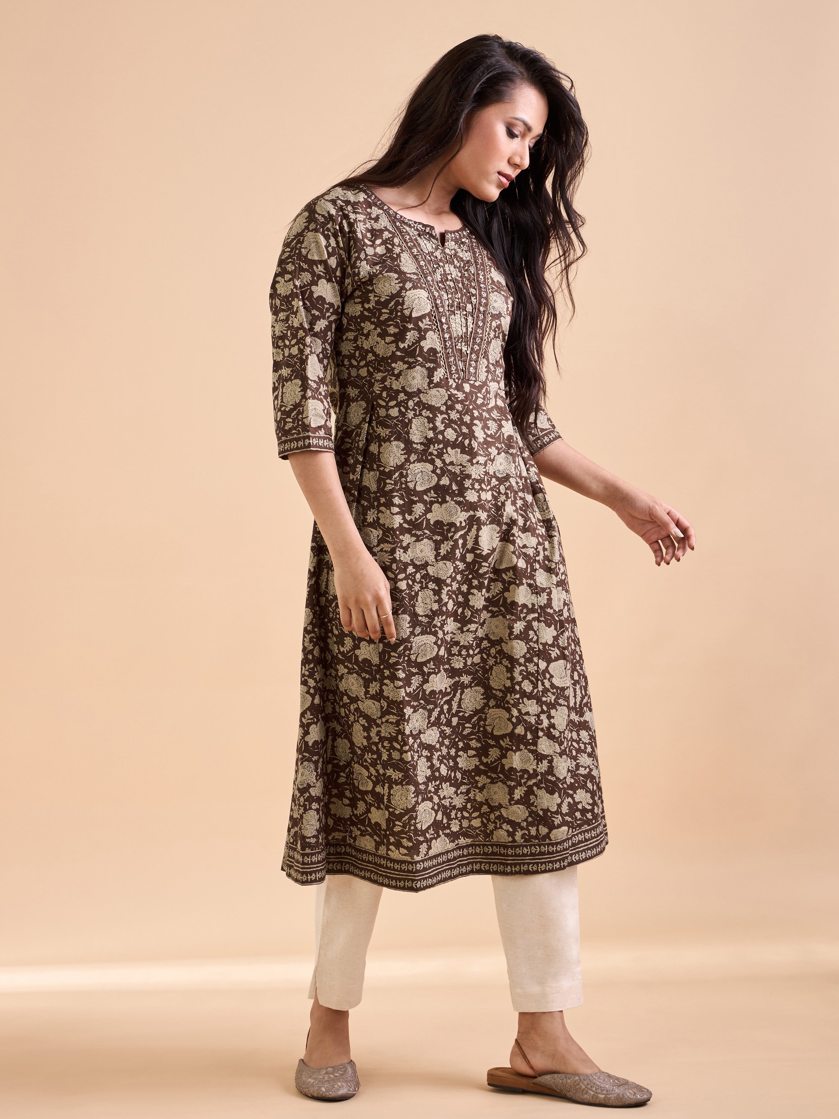 Coffee Brown And Ivory Pure Cotton Printed Kurti With Embroidery