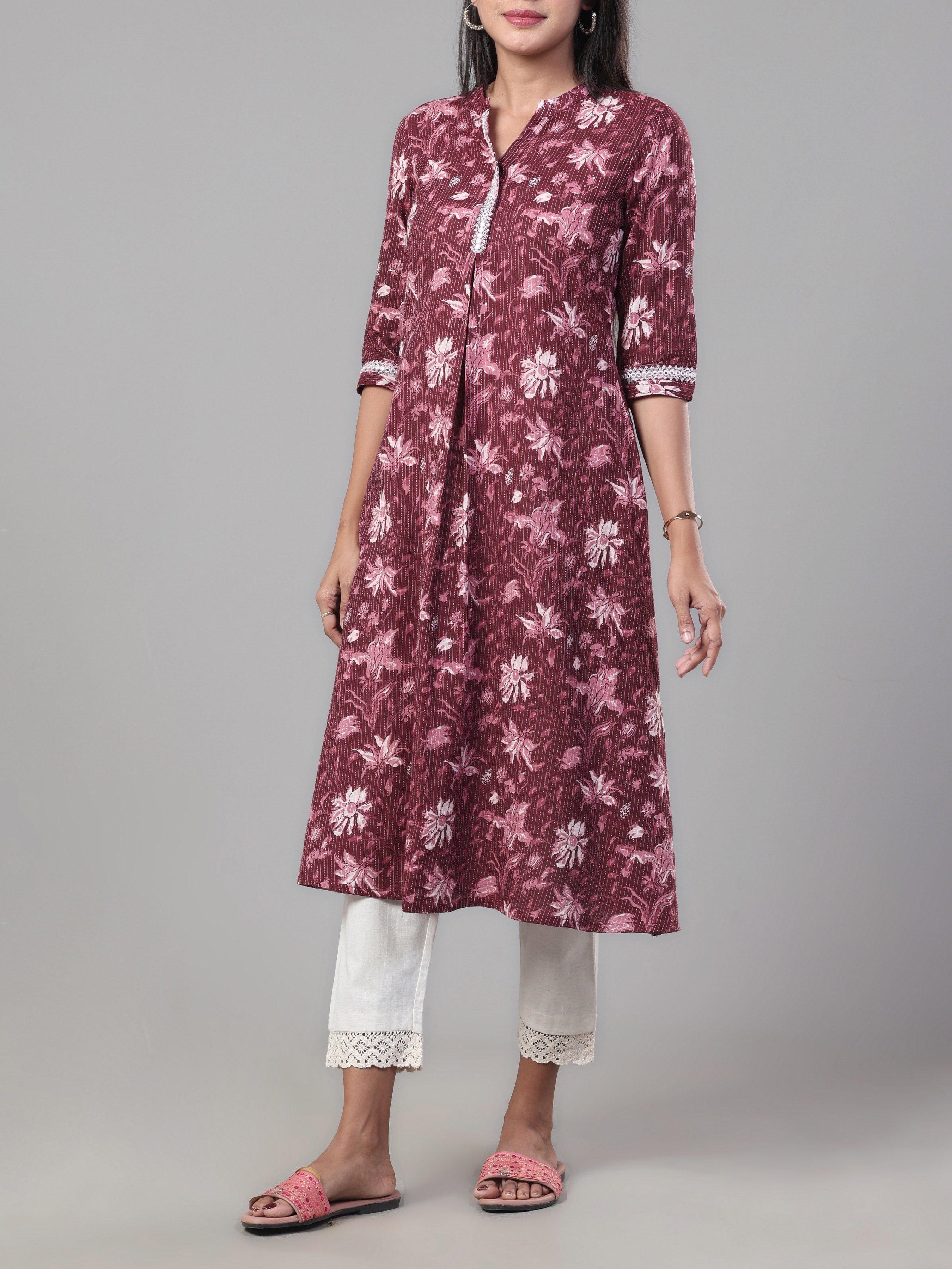 Wine Red Pure Cotton Kurti With Embroidery