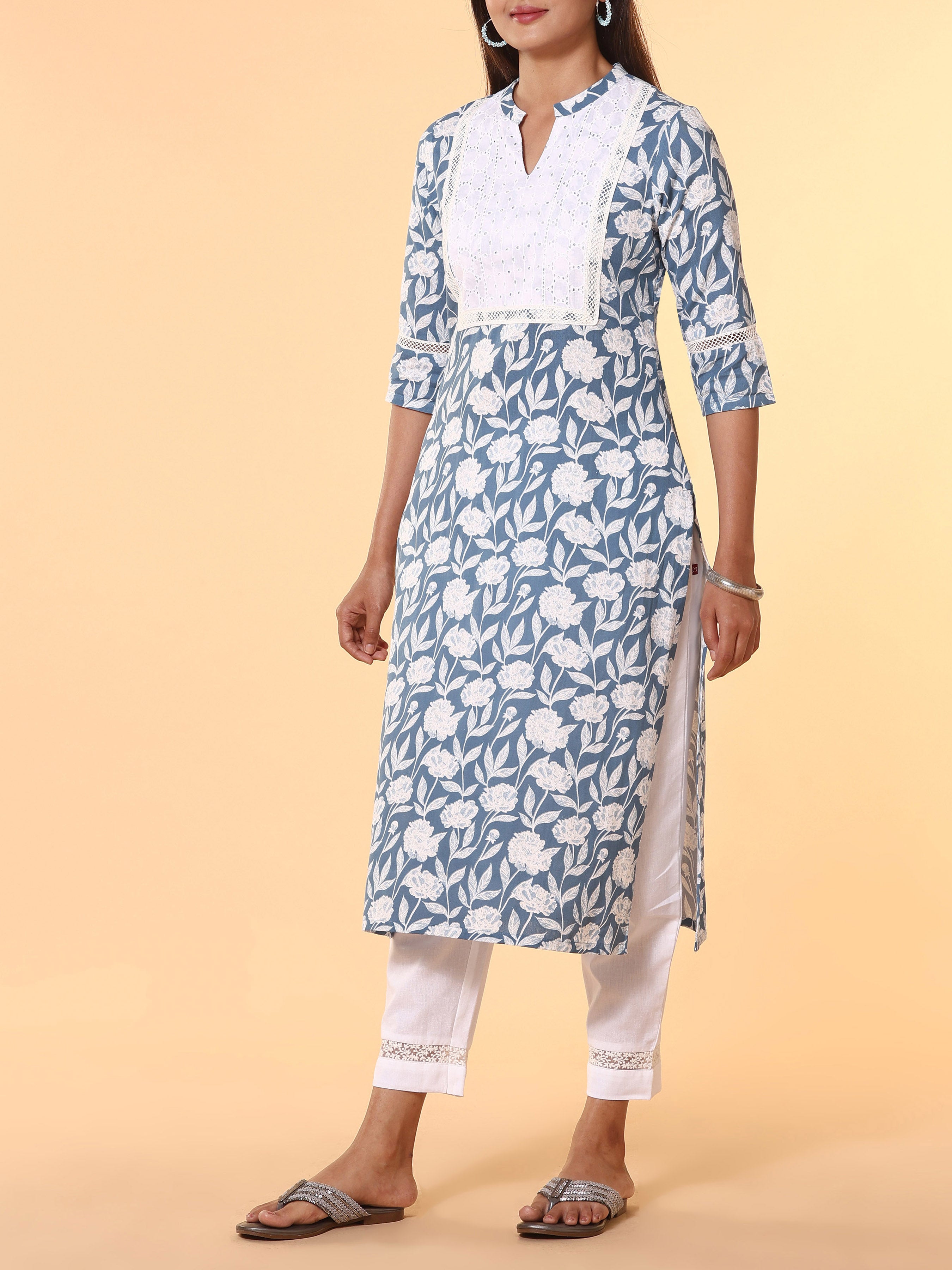 Denim Blue Cotton Flax Printed Kurti With Lace Detailing