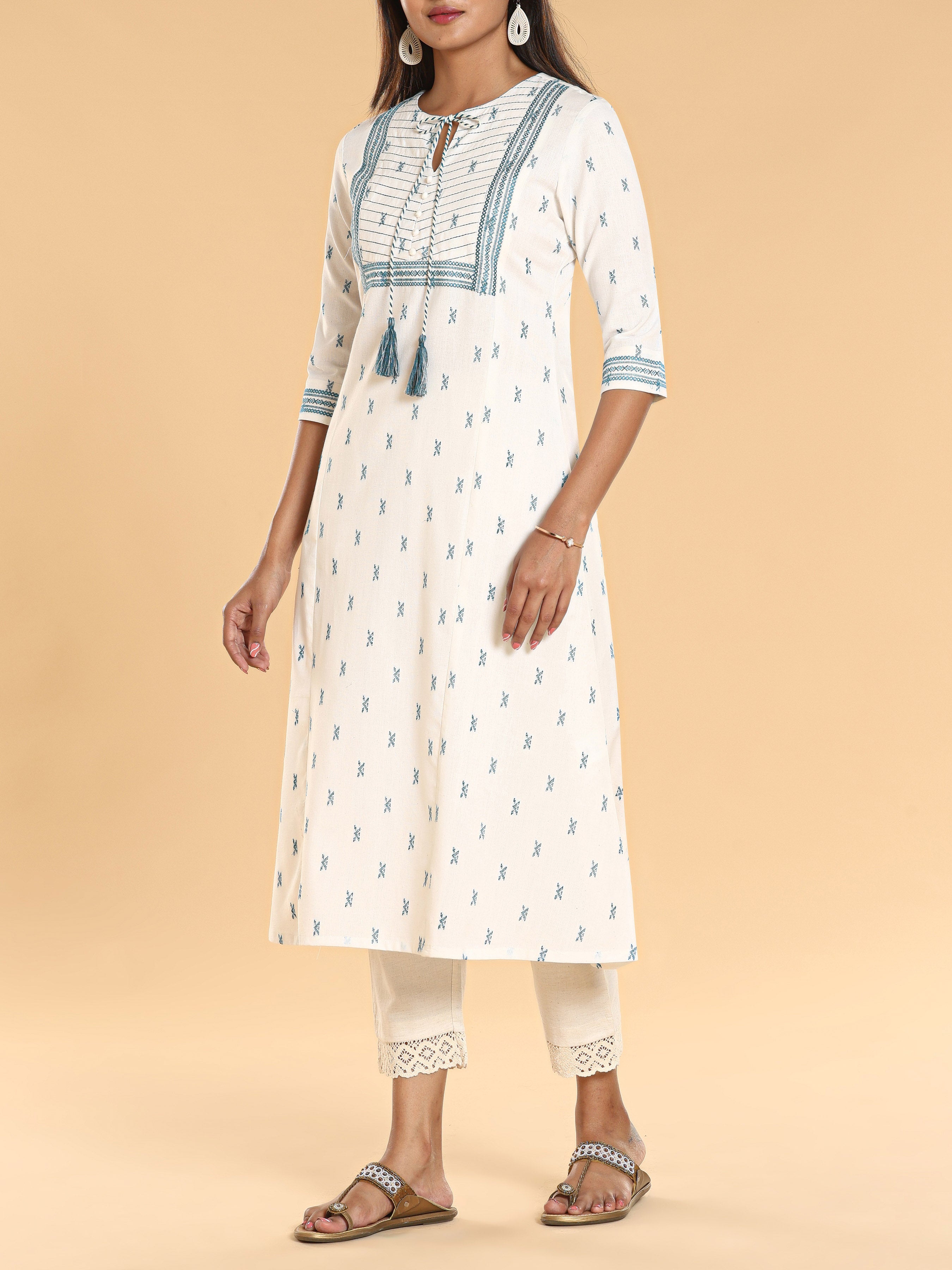 Ivory Cotton Dobby Printed Kurti With Embroidery