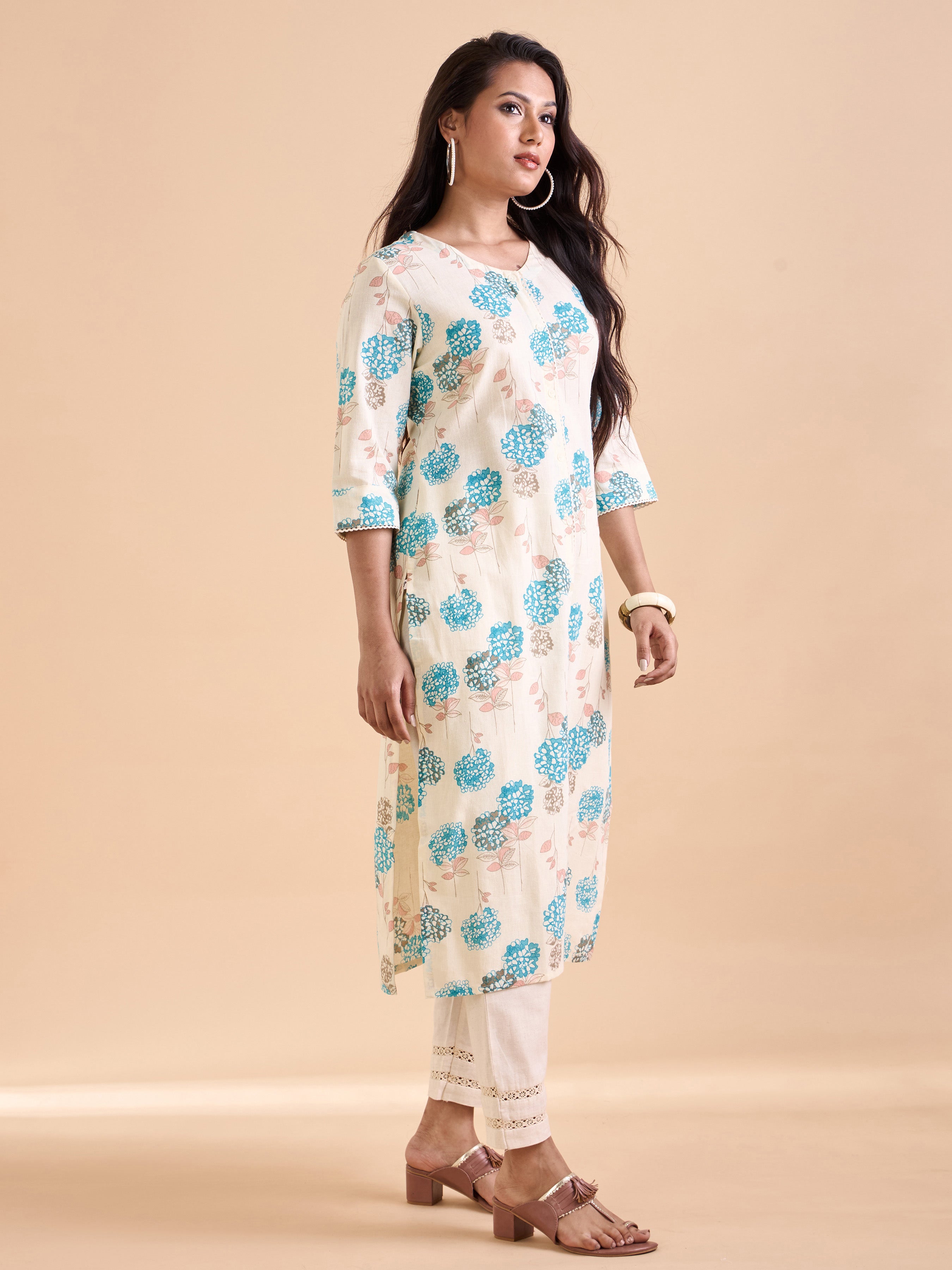 Ivory And Blue Cotton Flax Printed Kurti With Lace Detailing