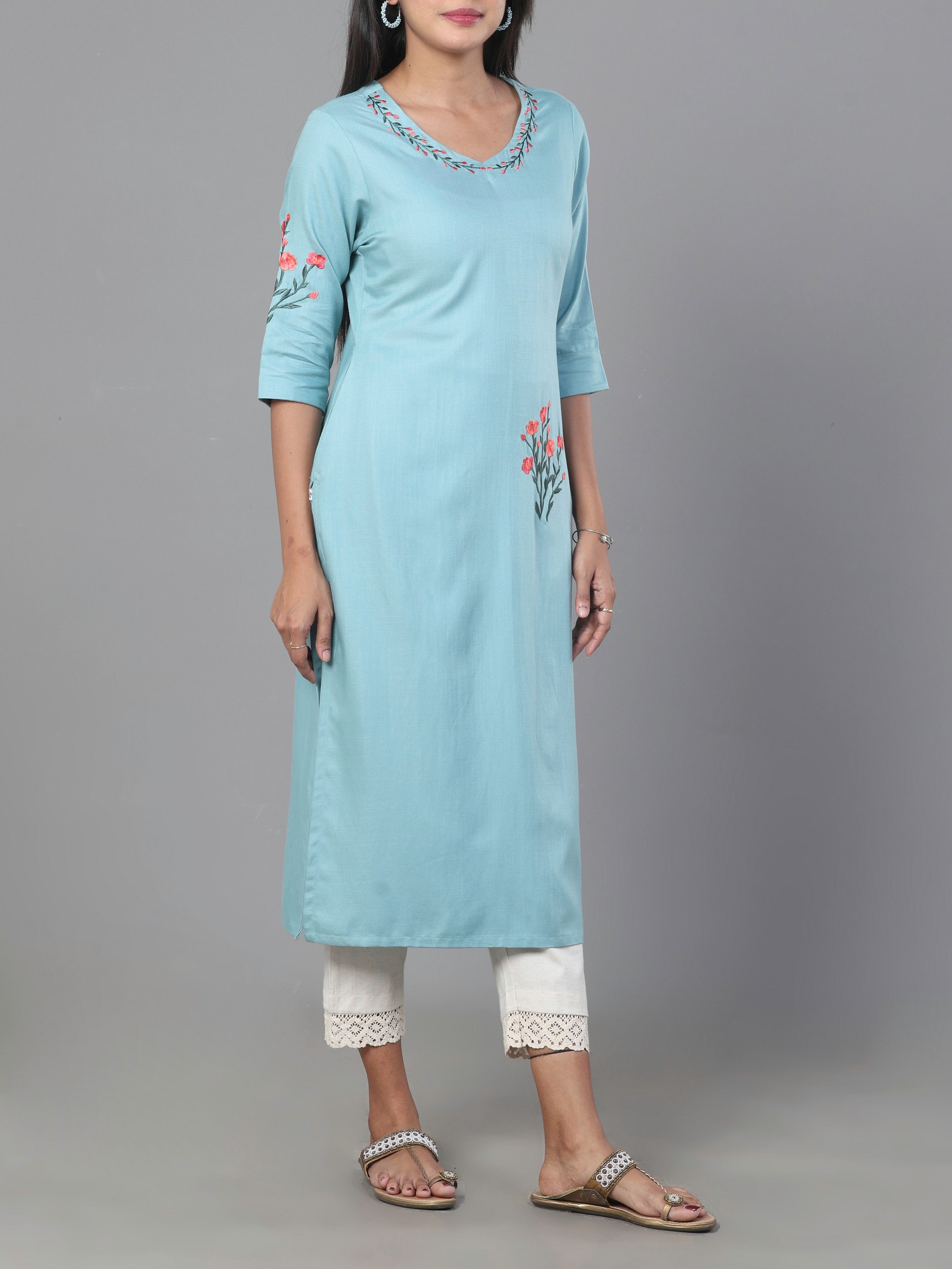 Light Blue Viscose Twill Plain Kurti With Embroidery