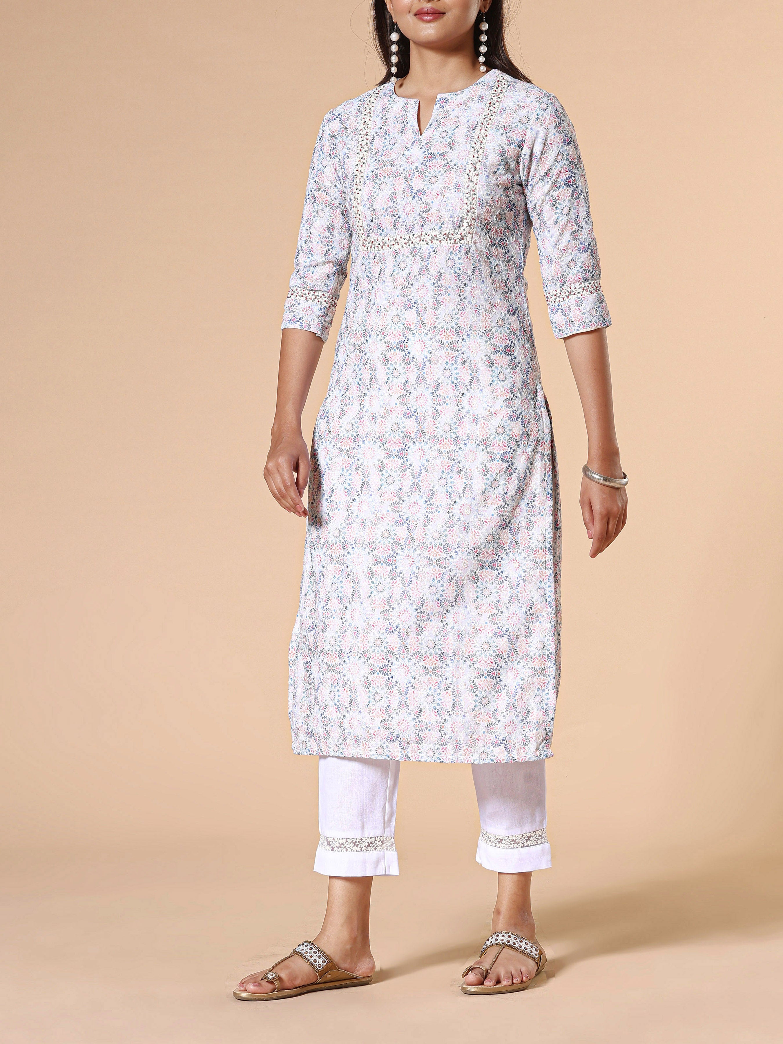White Poly Cotton Schiffli Printed Kurti With Embroidery And Matching Bottom