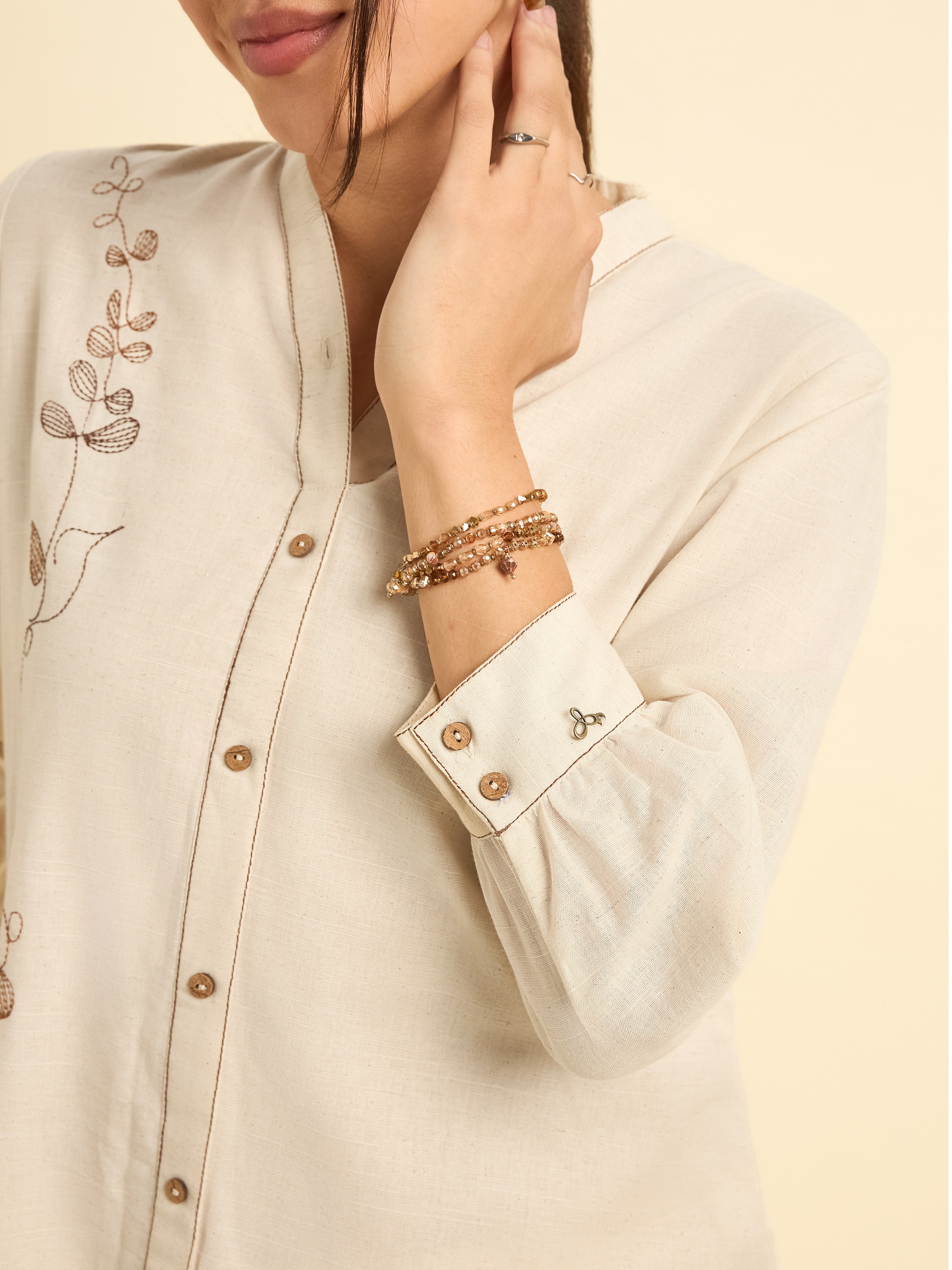 Ivory Cotton Flax Slub Tunic Set With Parallel Pant And Embroidery