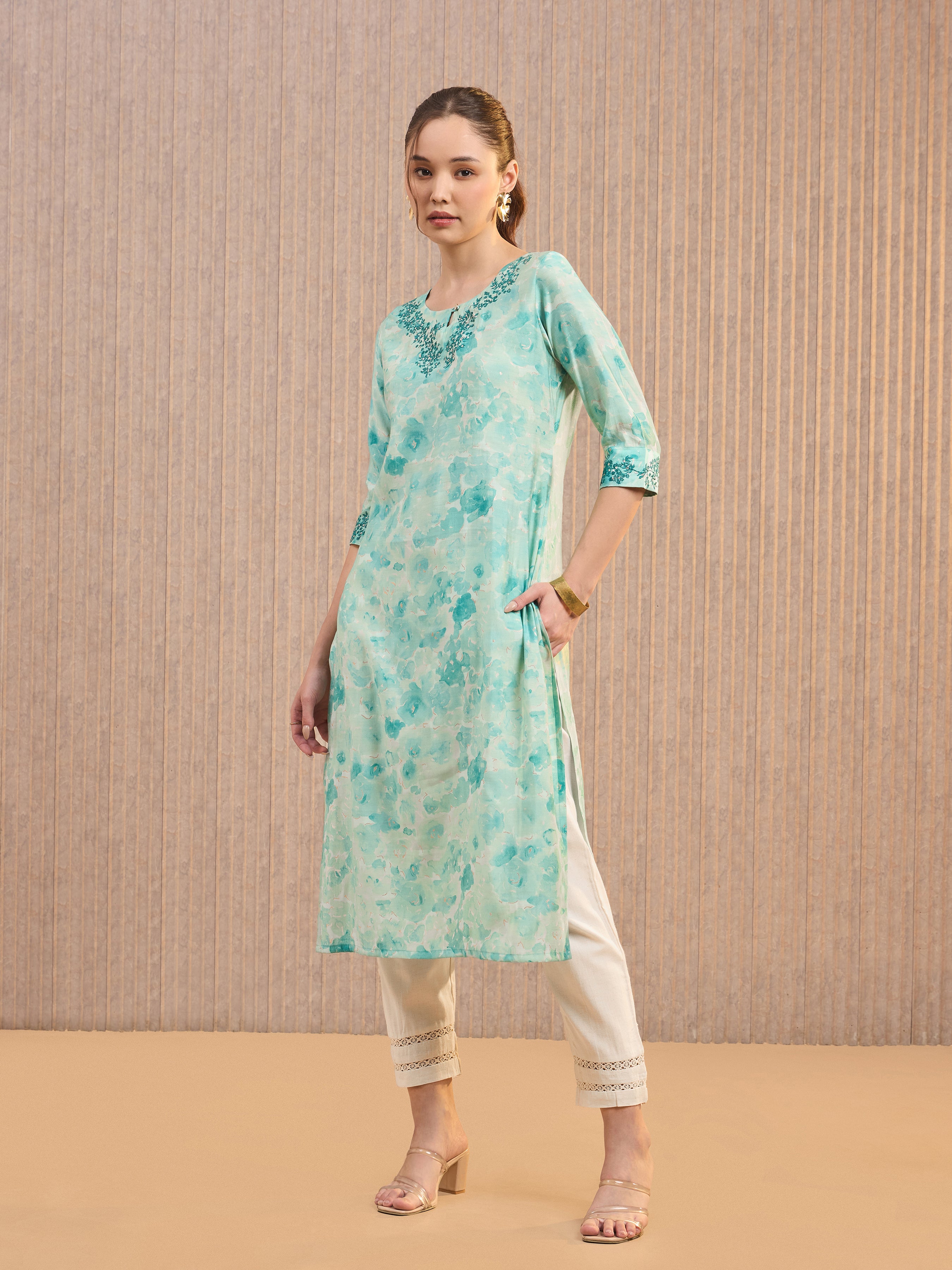 Aqua Green Modal Chanderi Foil Printed Kurti With Embroidery& Sequins Work