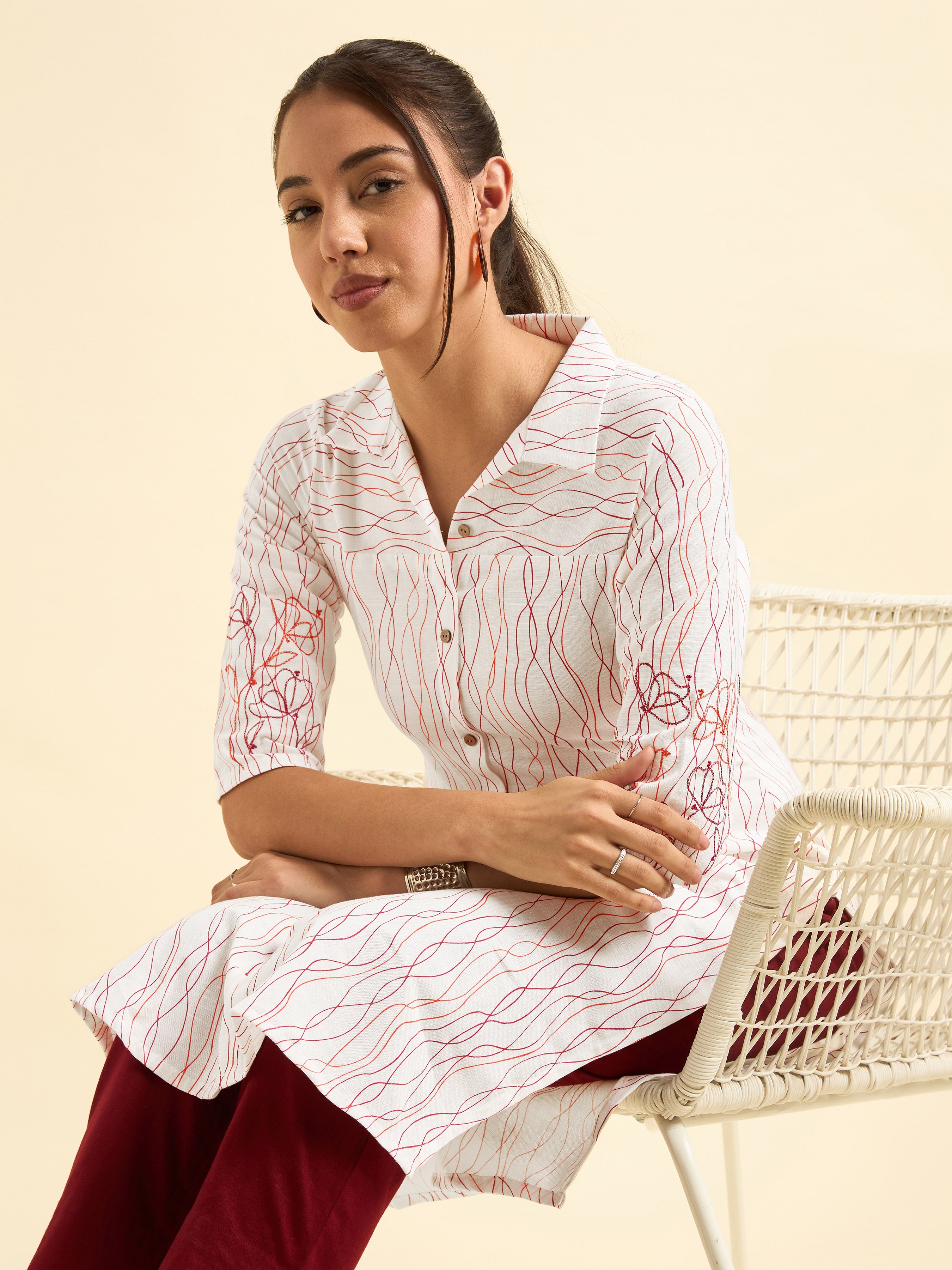 White Cotton Flax Slub Printed Slit Kurti With Embroidery