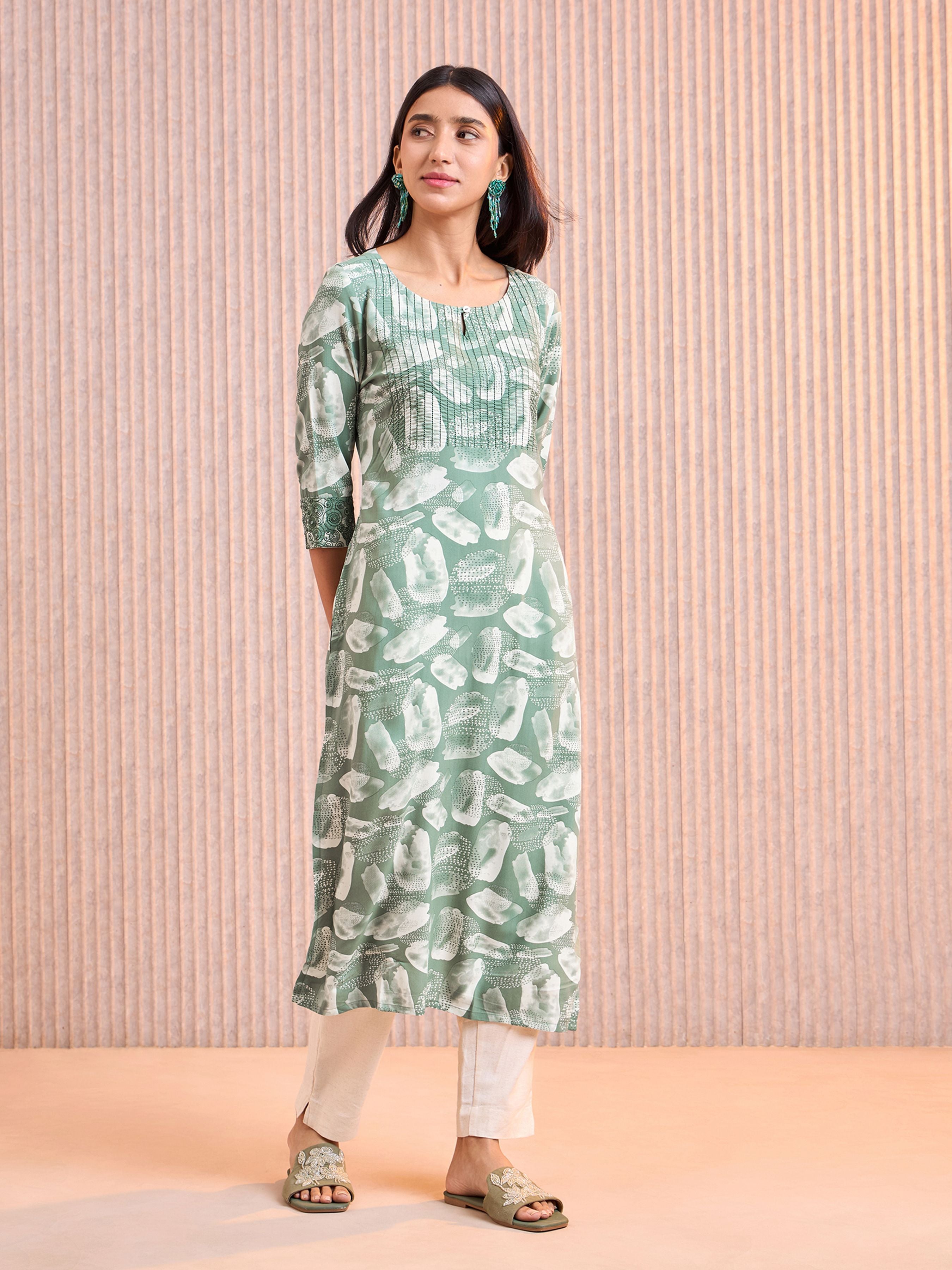 Olive Green Viscose Printed Kurti With Running Stitch Embroidery