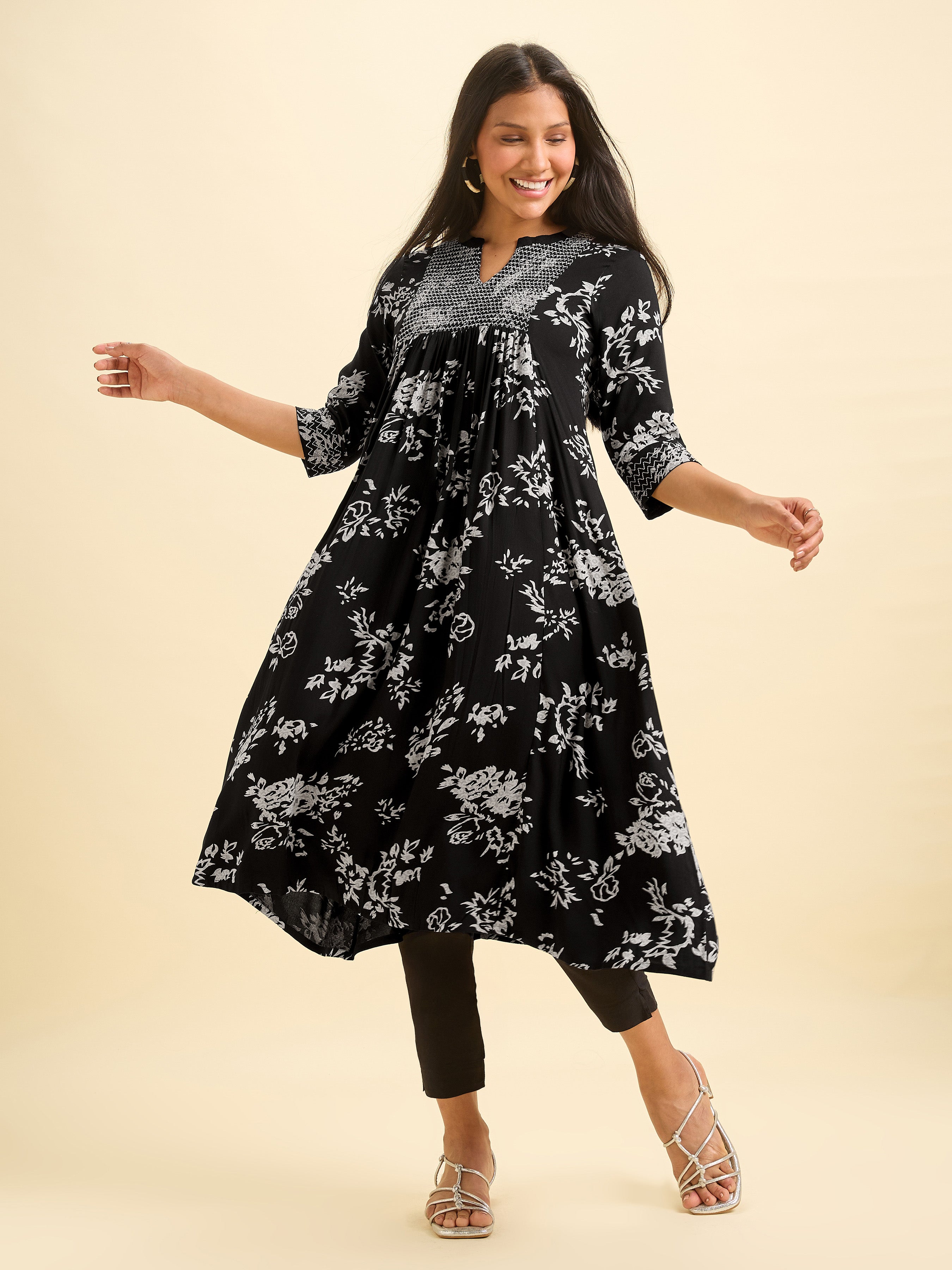 Black And Ivory Viscose Printed Flared Kurti With Smocking Embroidery