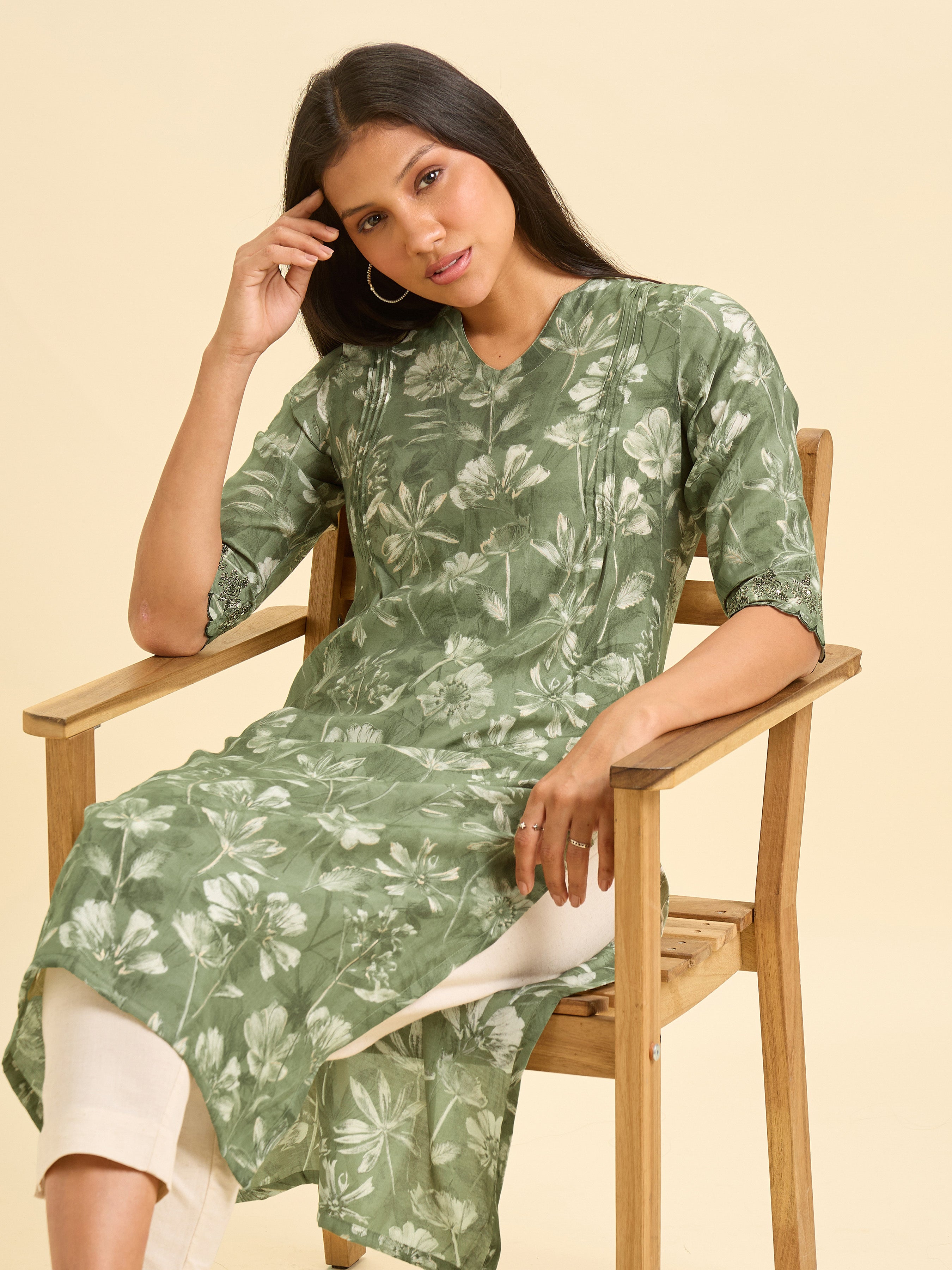 Olive Green And Ivory Modal Chanderi Printed Slited Kurti With Pintucks And Embroidery And Sequins Work