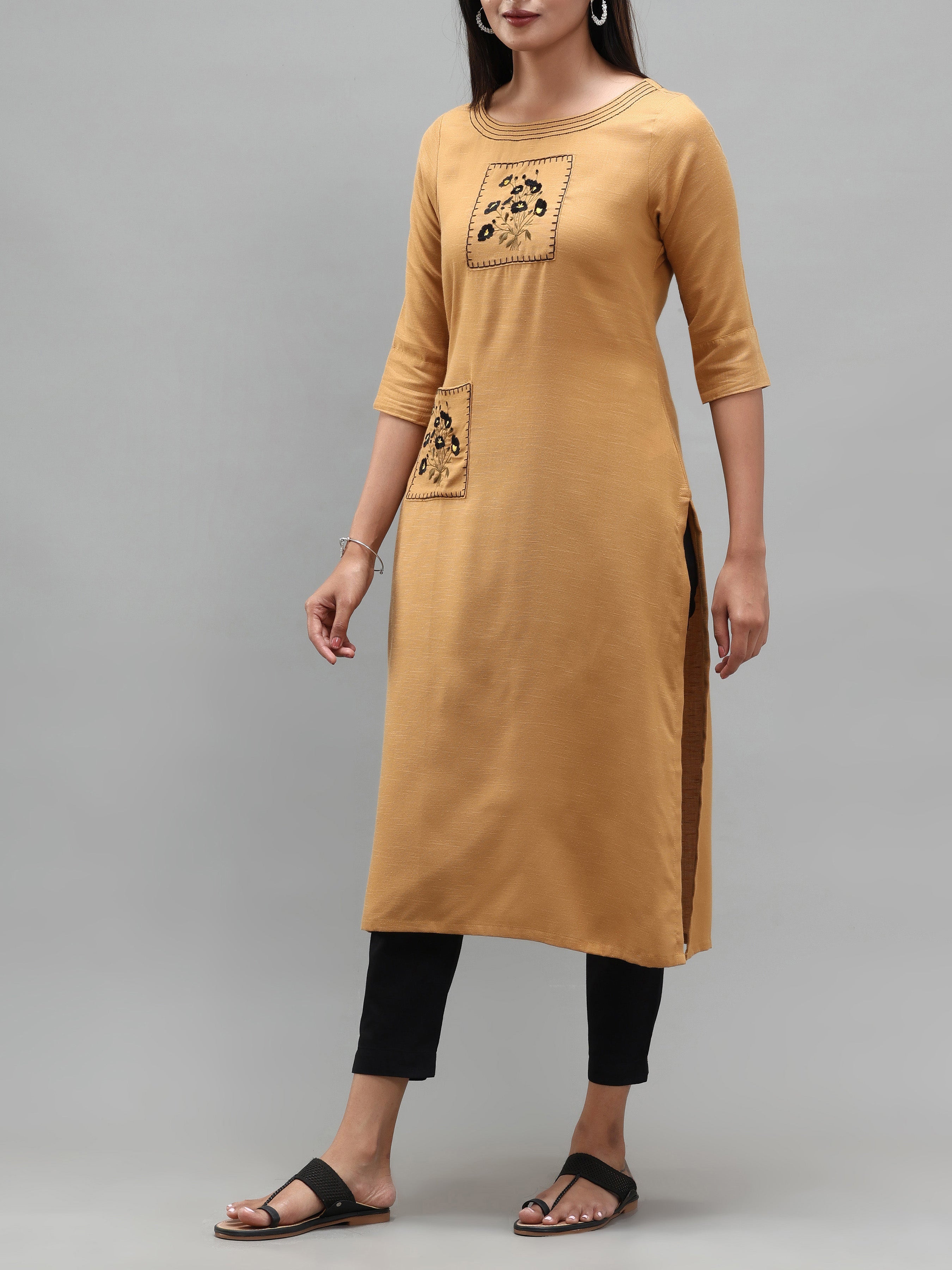Mustard Yellow Viscose Plain Kurti With Embroidery