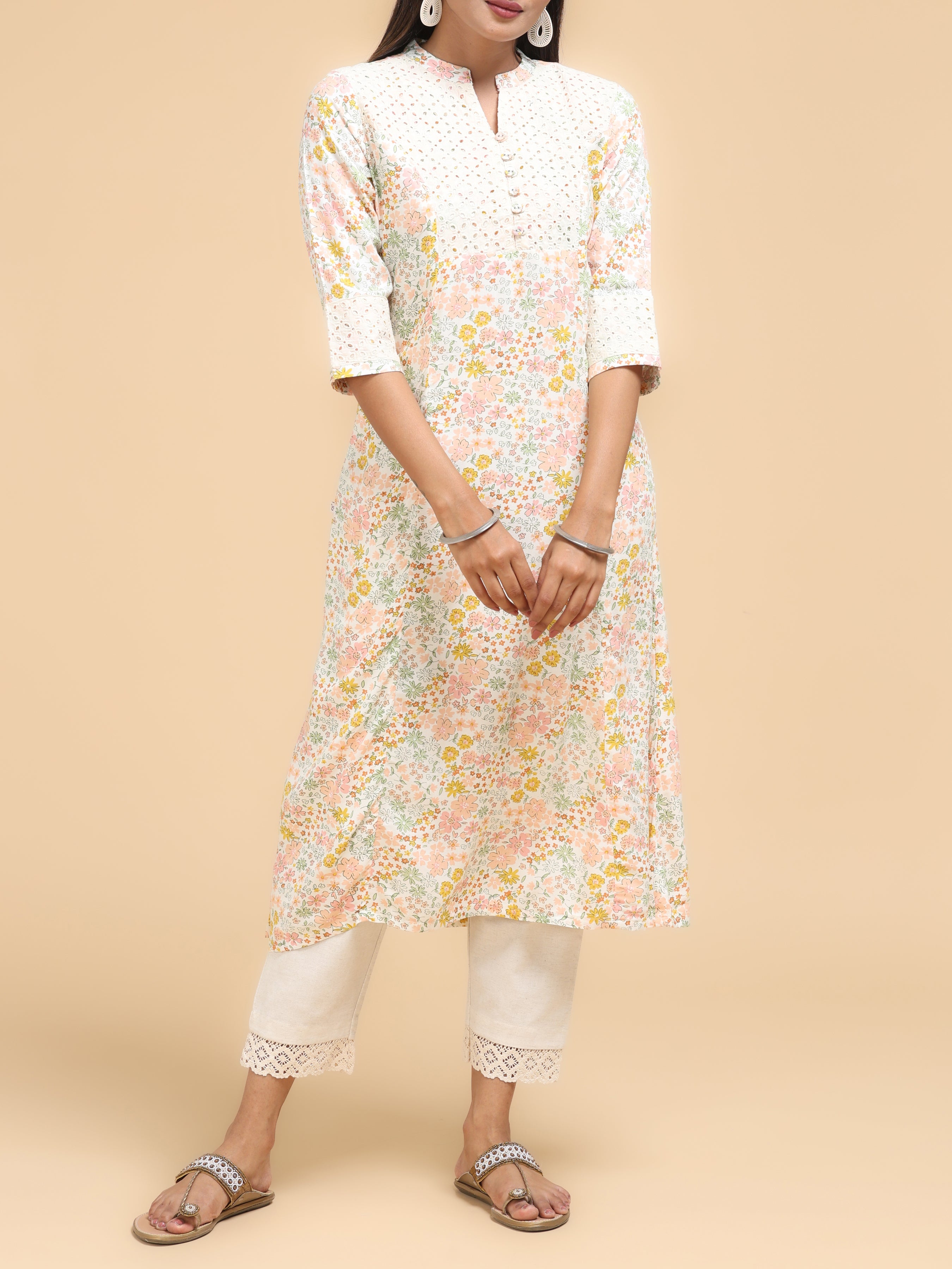 Women Wearing Multi-Color Cotton Kurti With Floral Print