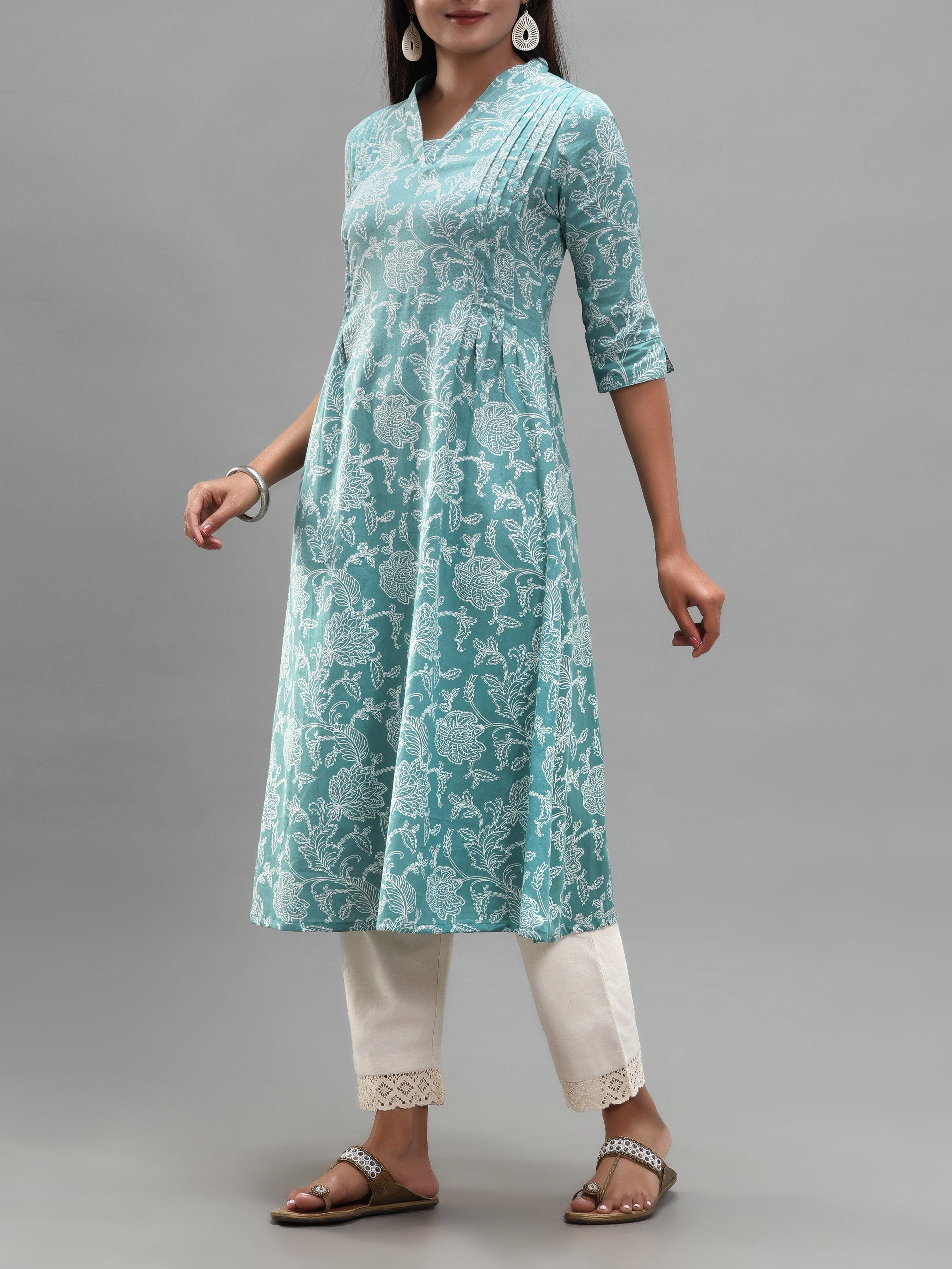 Women Wearing Teal Blue Cotton Flax Kurti With Print