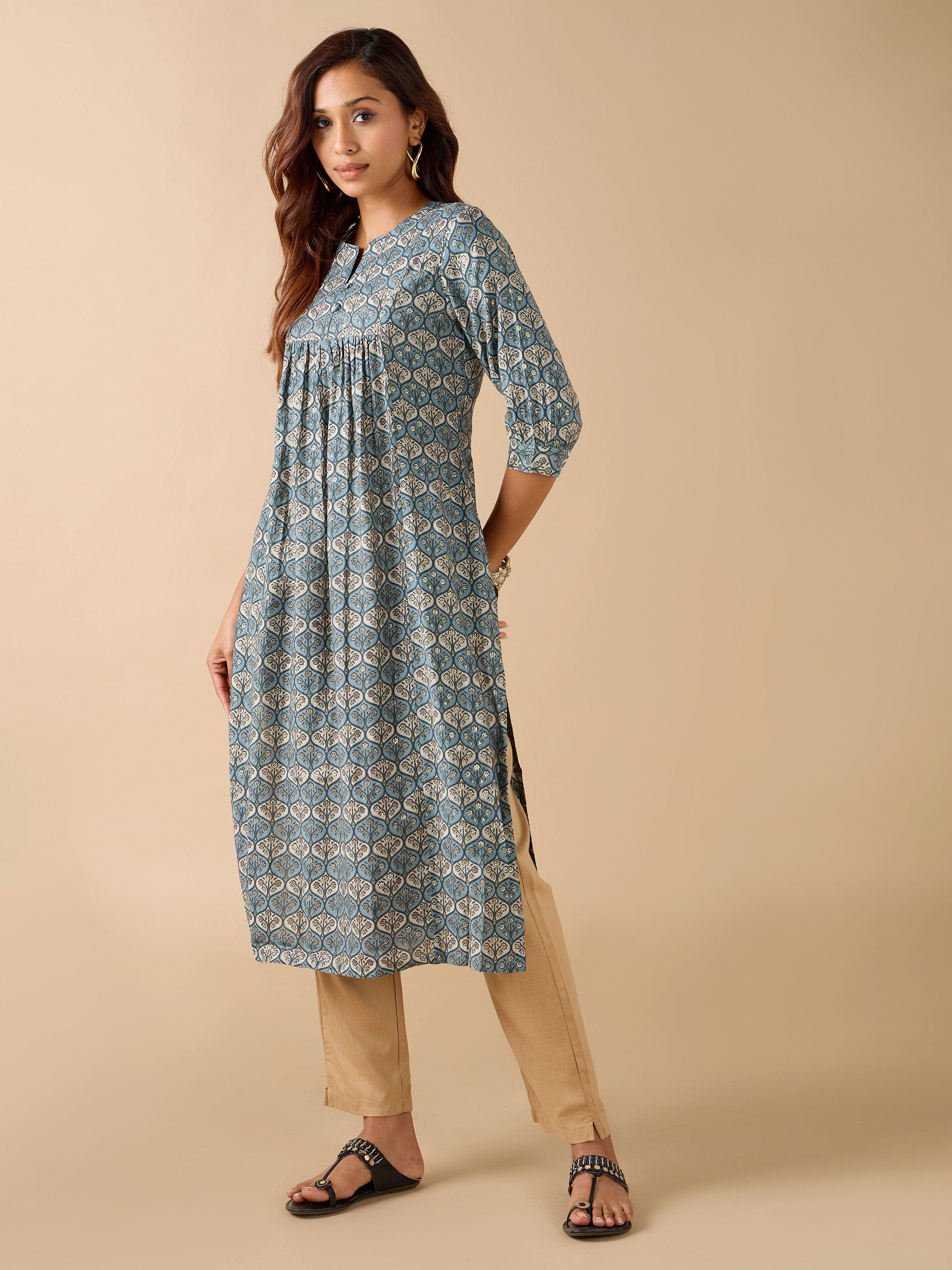 Blue Modal Chanderi Foil Printed Kurti With Sequins Work