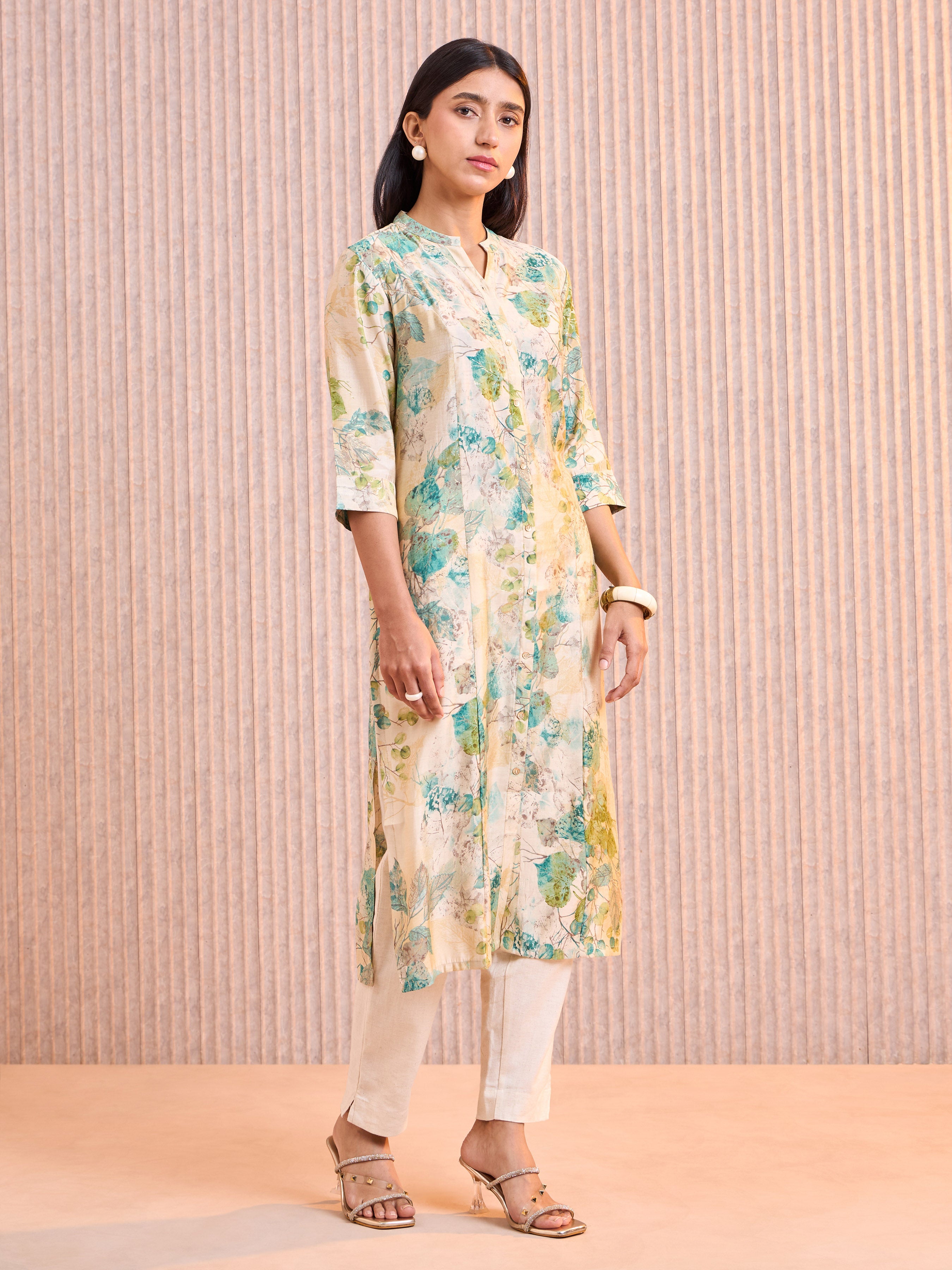 Aqua Green Modal Chanderi Foil Printed Kurti With Princess Cut