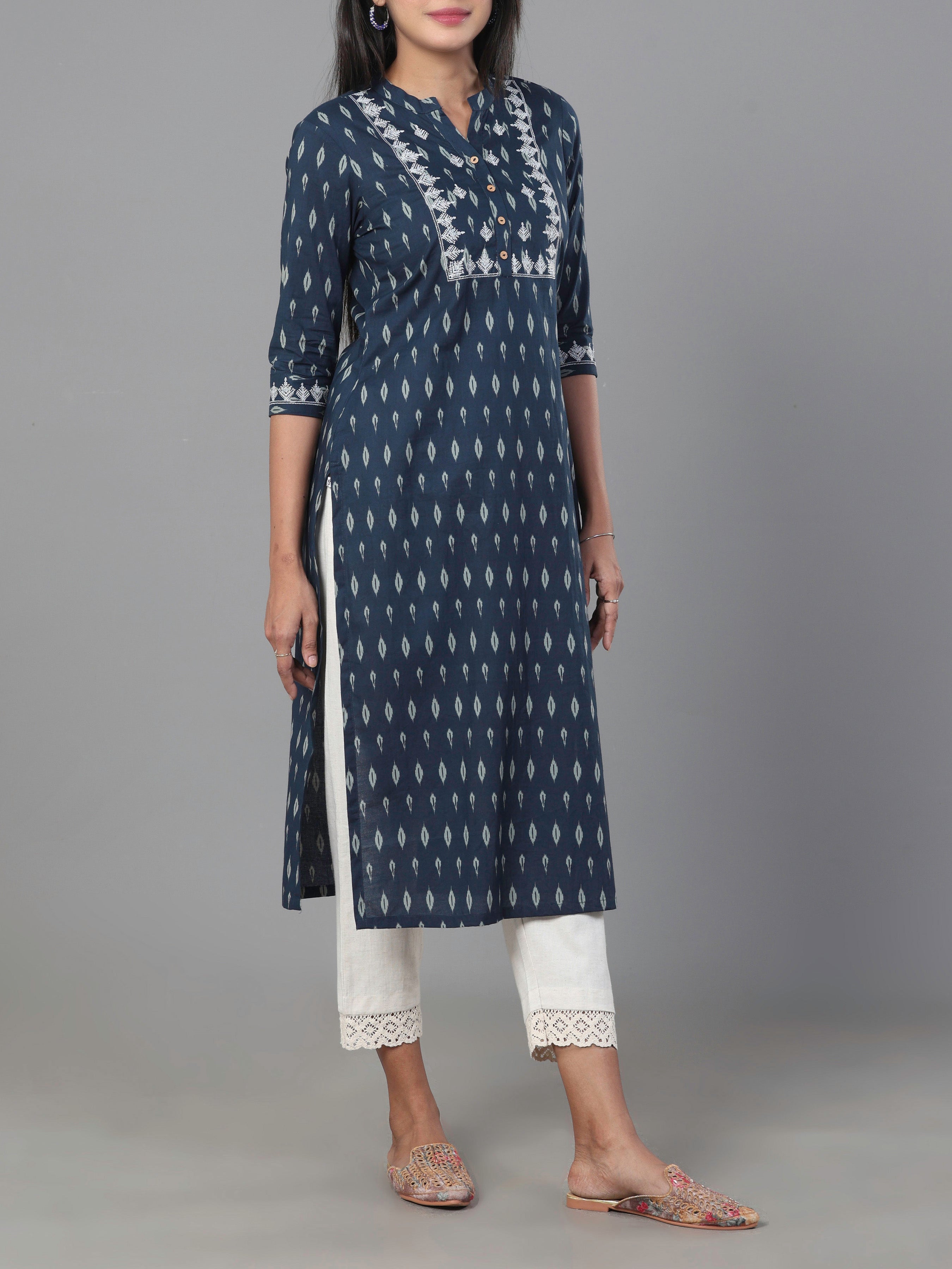 Navy Blue Pure Cotton Printed Kurti With Embroidery