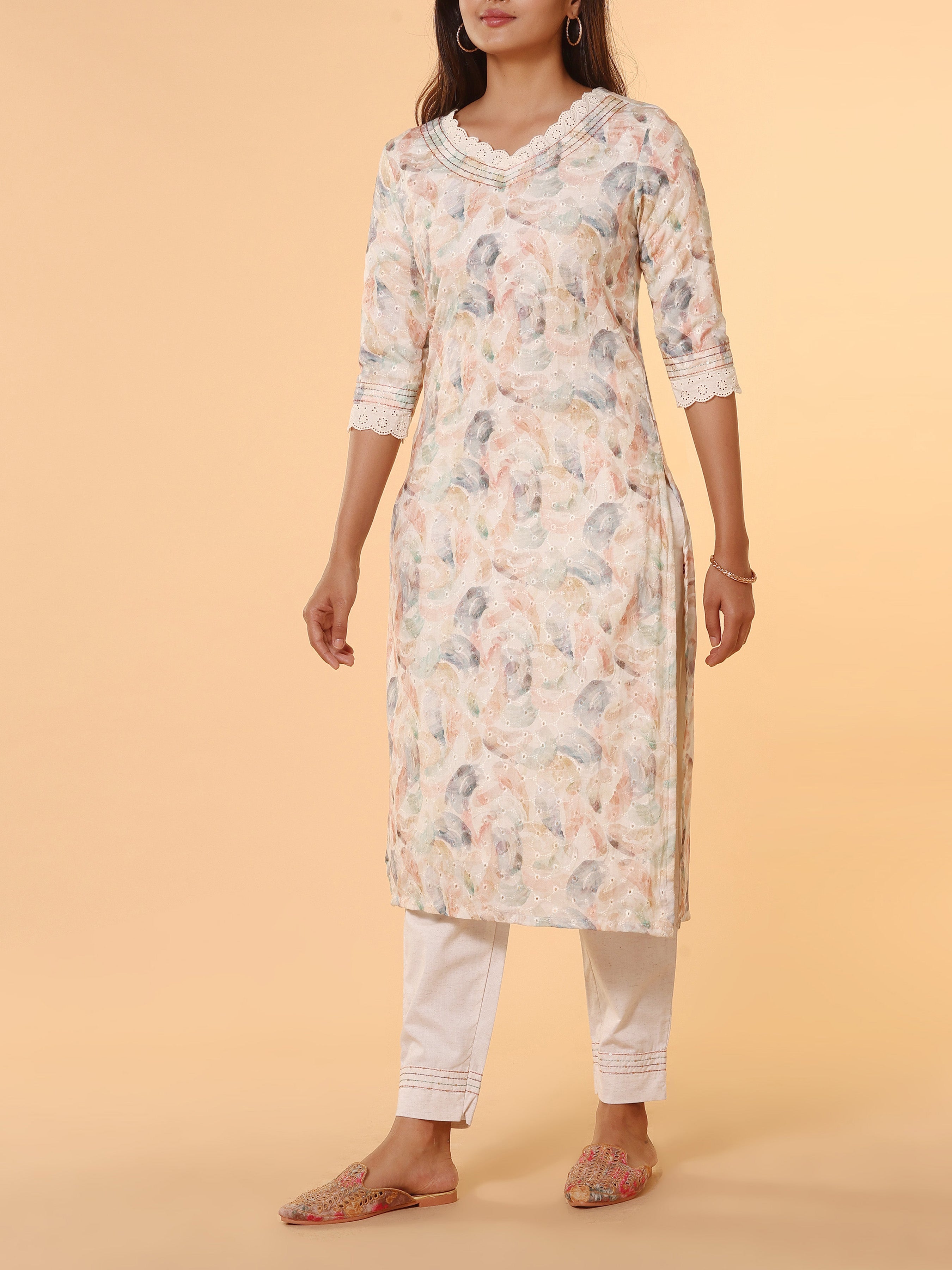 Multi-Colour Cotton Schiffli Printed Kurti With Embroidery And Matching Bottom