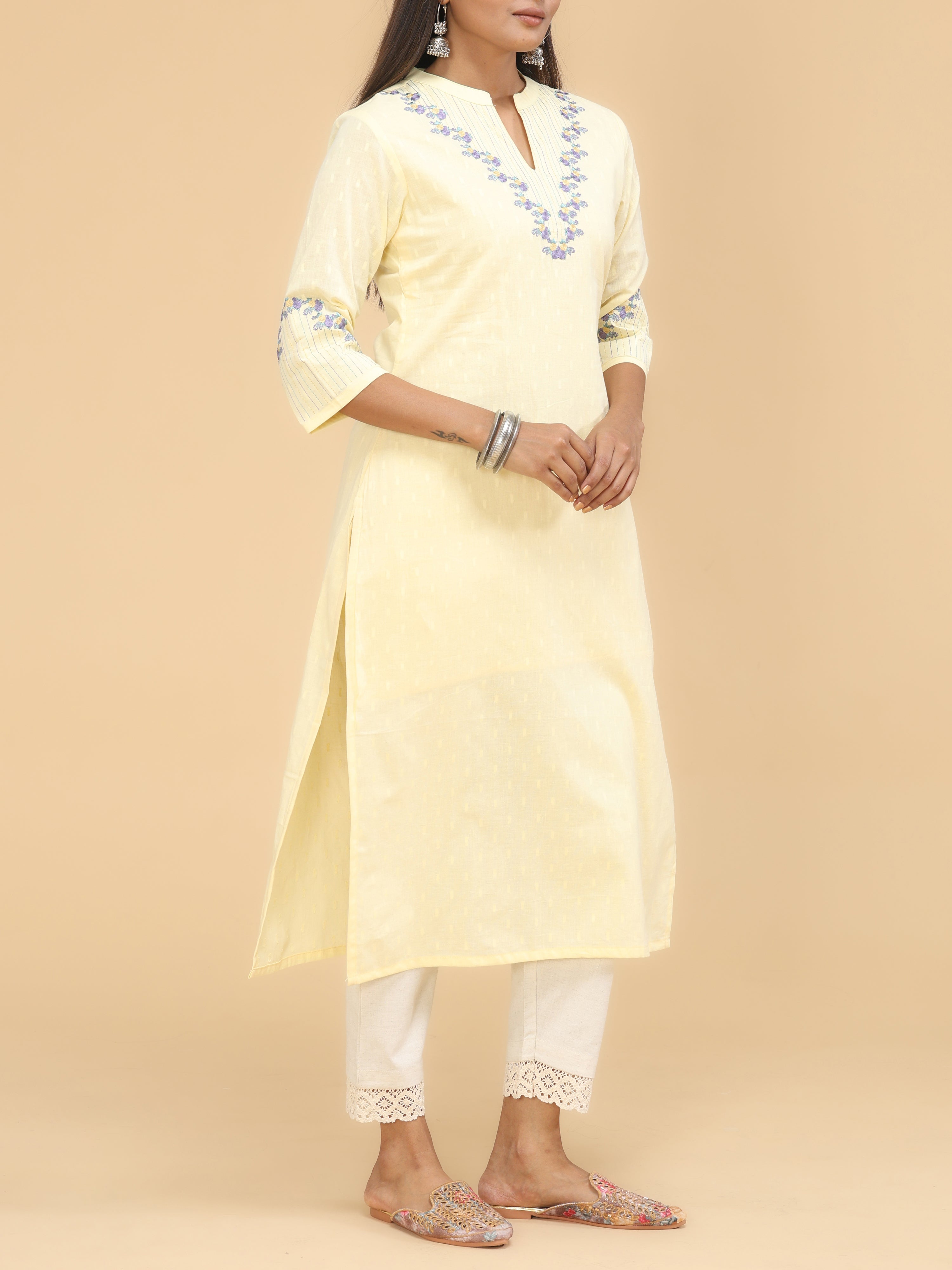 Pale Yellow Cotton Plain Kurti With Embroidery
