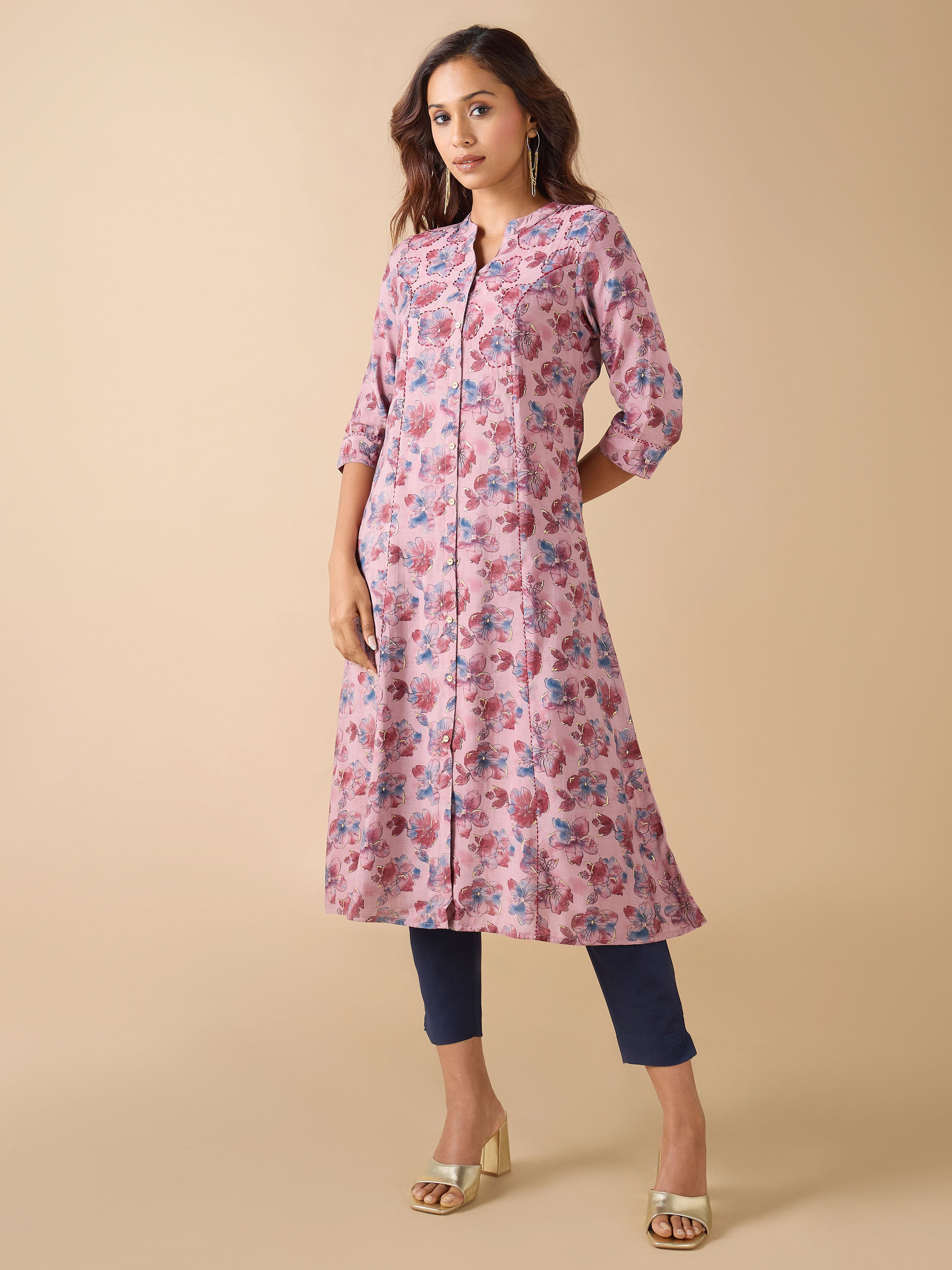 Onion Pink Modal Chanderi Printed Kurti With Sequins Work