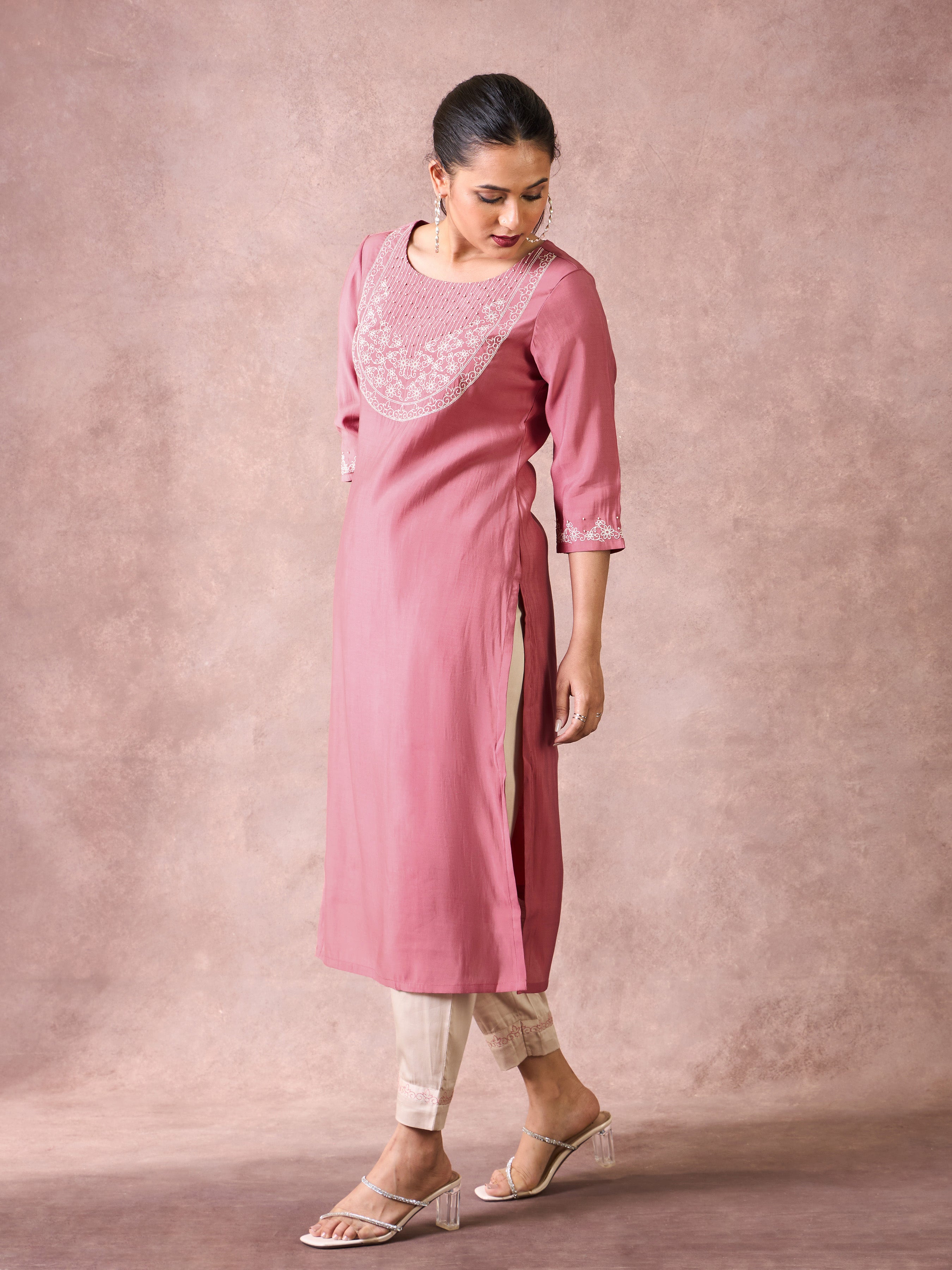 Onion Pink Viscose Blend Kurti & Bottom With Sequins Embroidery